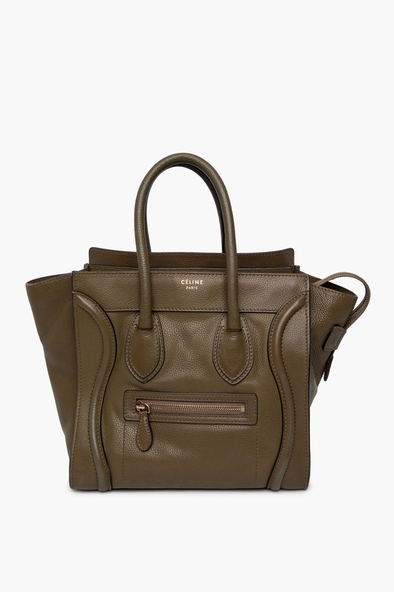 Celine Olive Green Drummed Calf Leather Mini Luggage Tote Bag