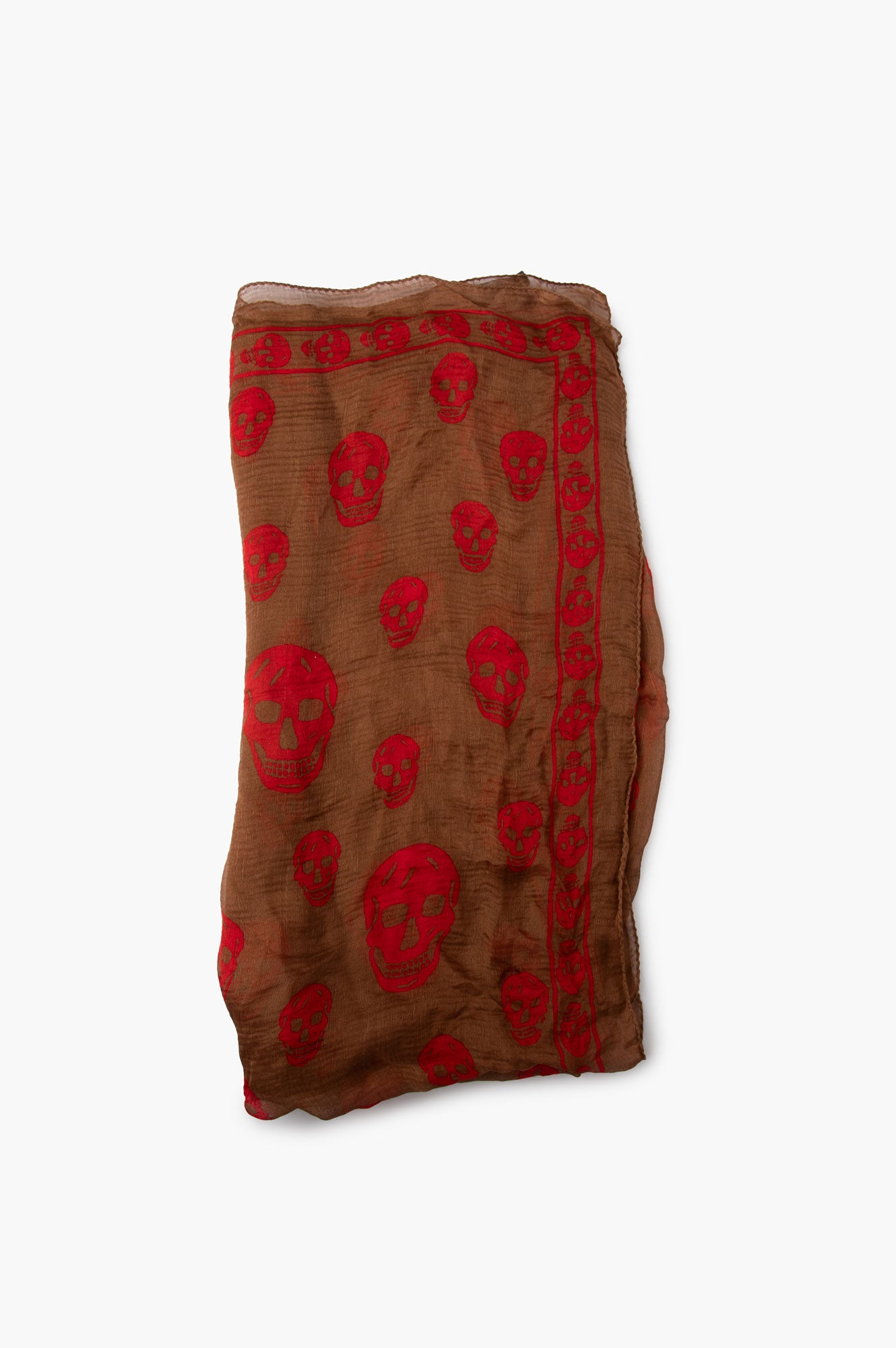 Alexander McQueen Brown With Red Skull Silk Scarf
