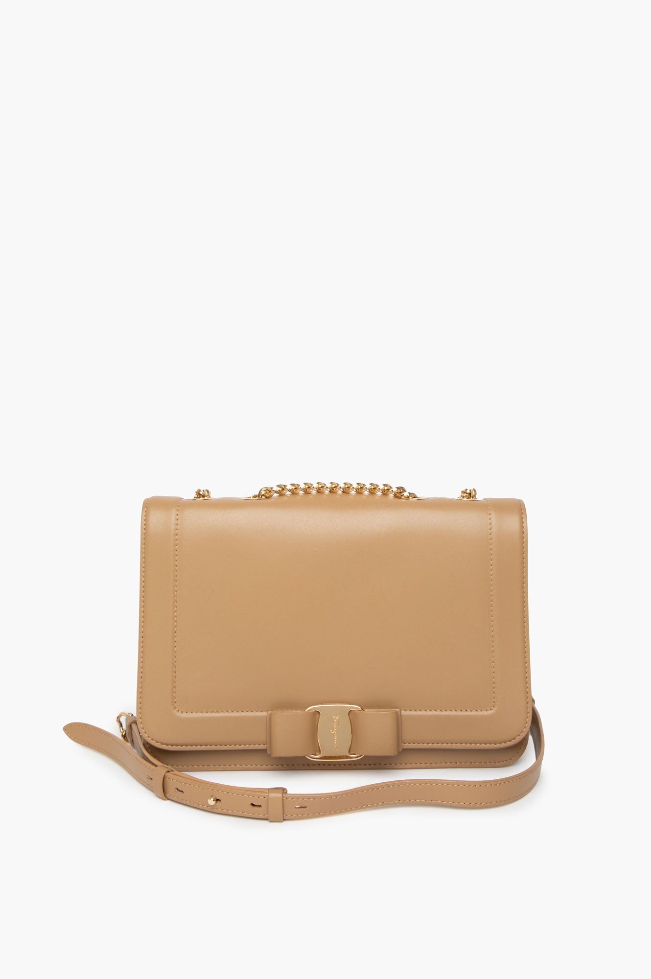 Salvatore Ferragamo Beige Leather Bow Chain Shoulder Bag