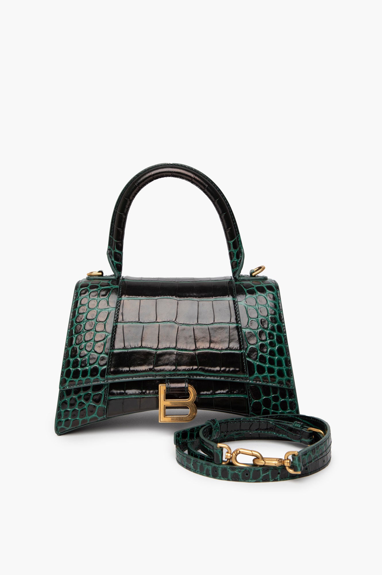 Balenciaga Hourglass Croc-Embossed Green Handle Bag