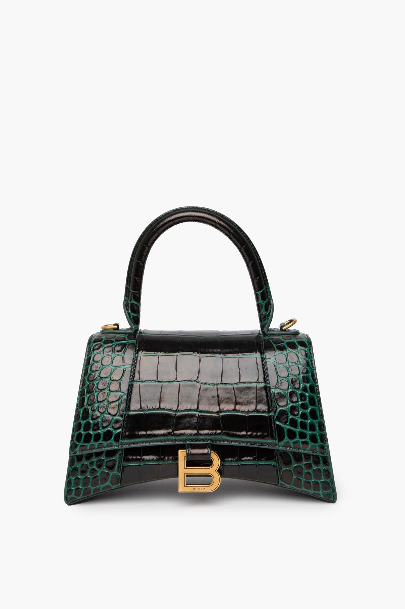 Balenciaga Hourglass Croc-Embossed Green Handle Bag