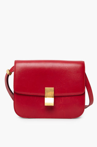 Celine Red Leather Medium Classic Box Shoulder Bag