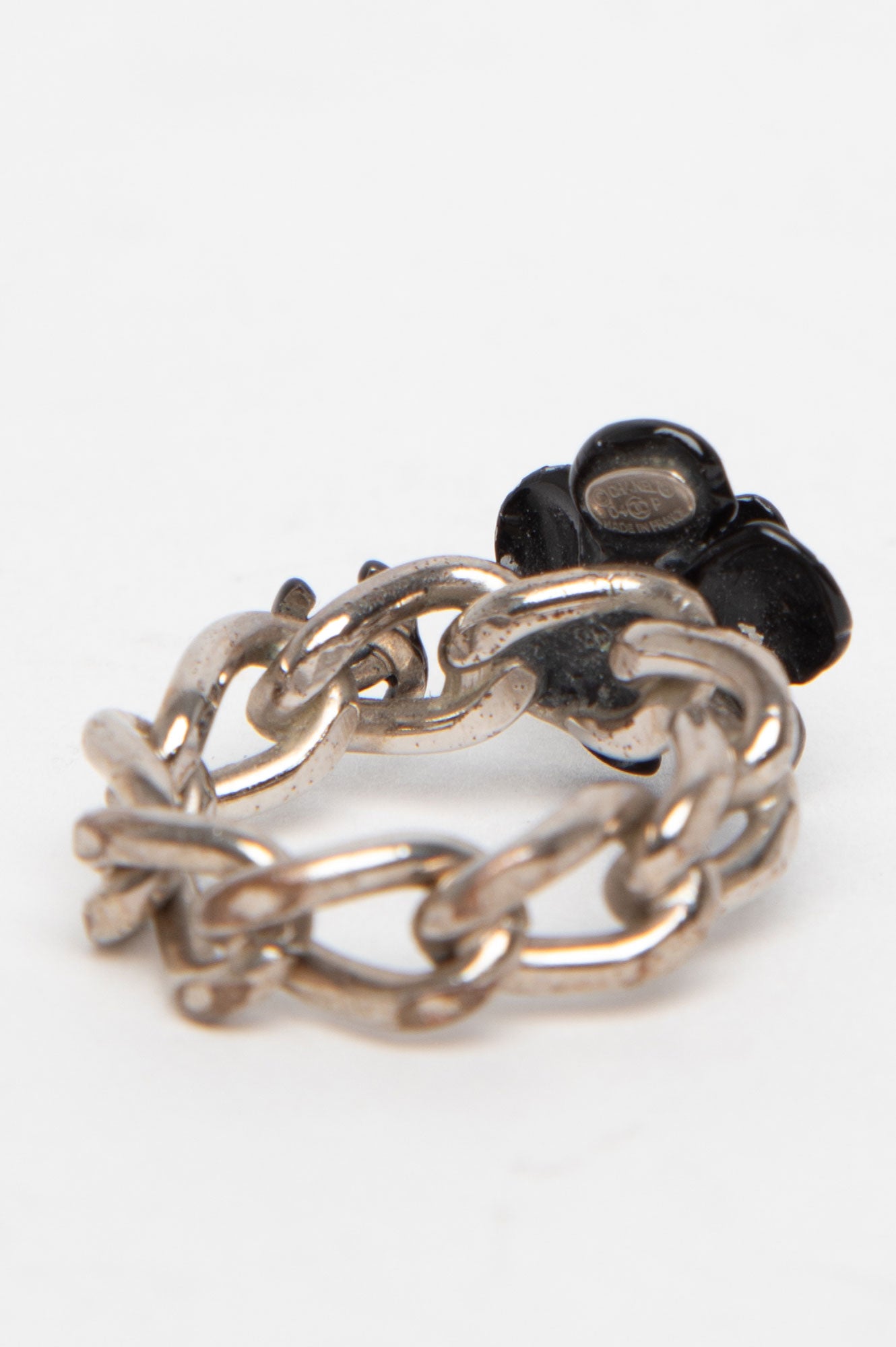 Chanel Camellia CC Logo Flower Silver Ring Size 6.5