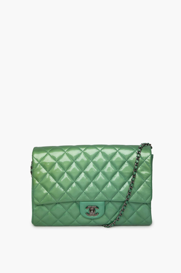 Chanel Green Quilted Patent Leather Single Flap Bag