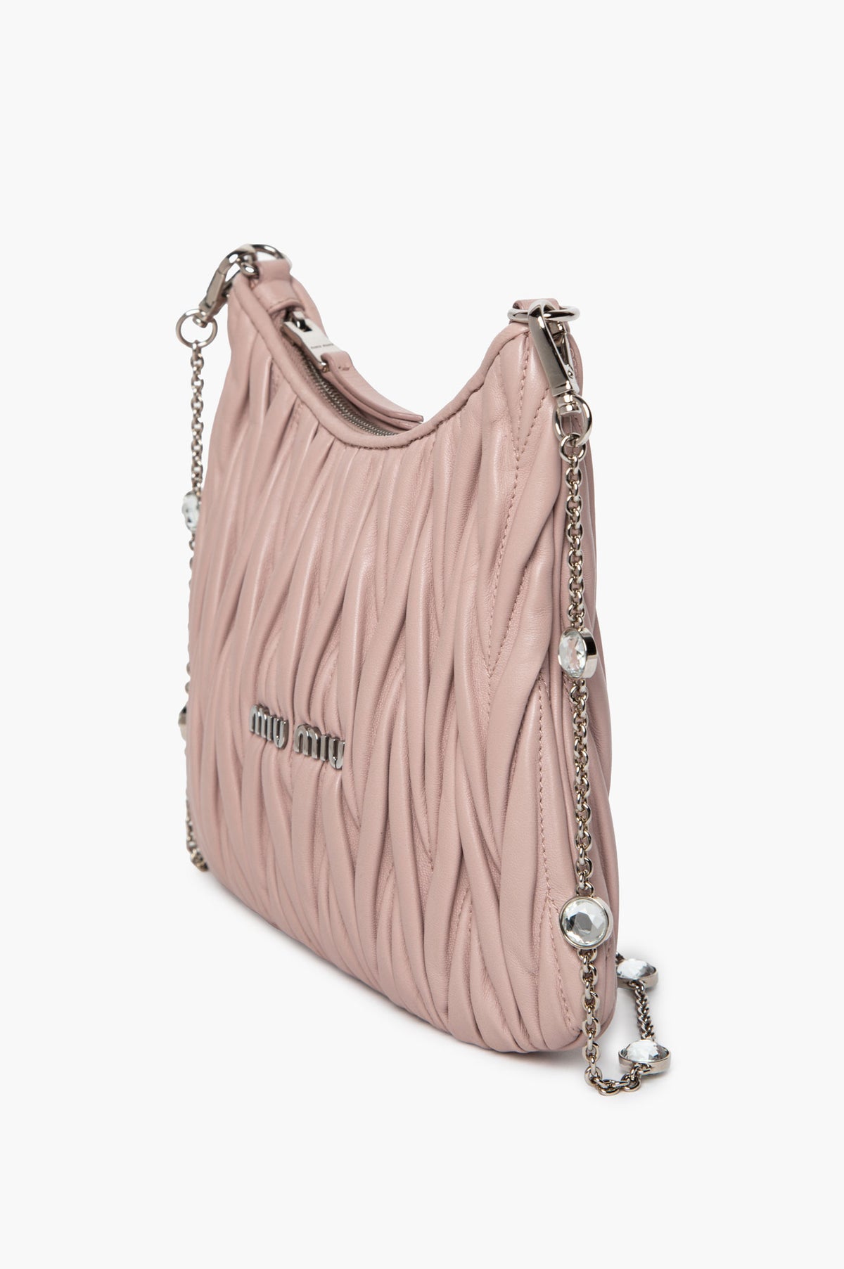 Miu Miu Powder Pink Matelassé Nappa Leather Crystal Chain Bag