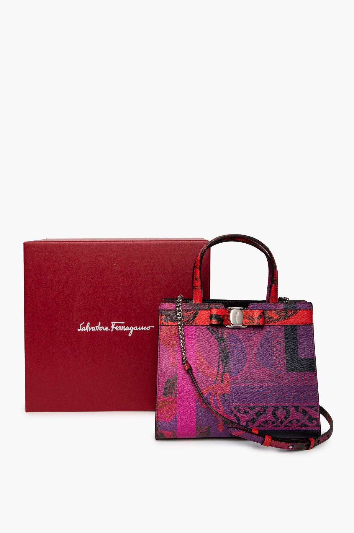 Salvatore Ferragamo Heritage Print Calfskin Vara Bow Top Handle Bag