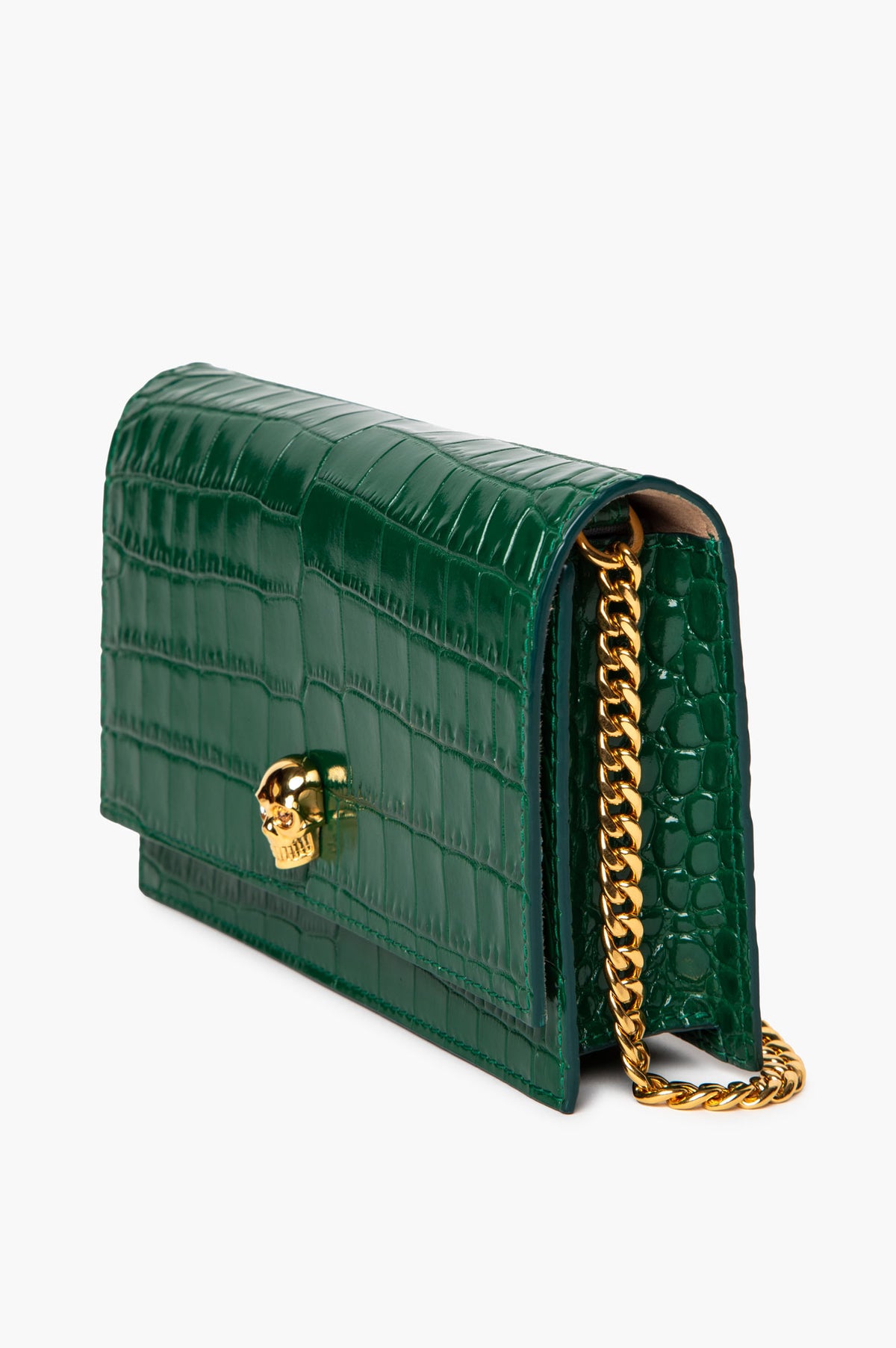 Alexander McQueen Emerald Green Croc-Embossed Skull Mini Bag