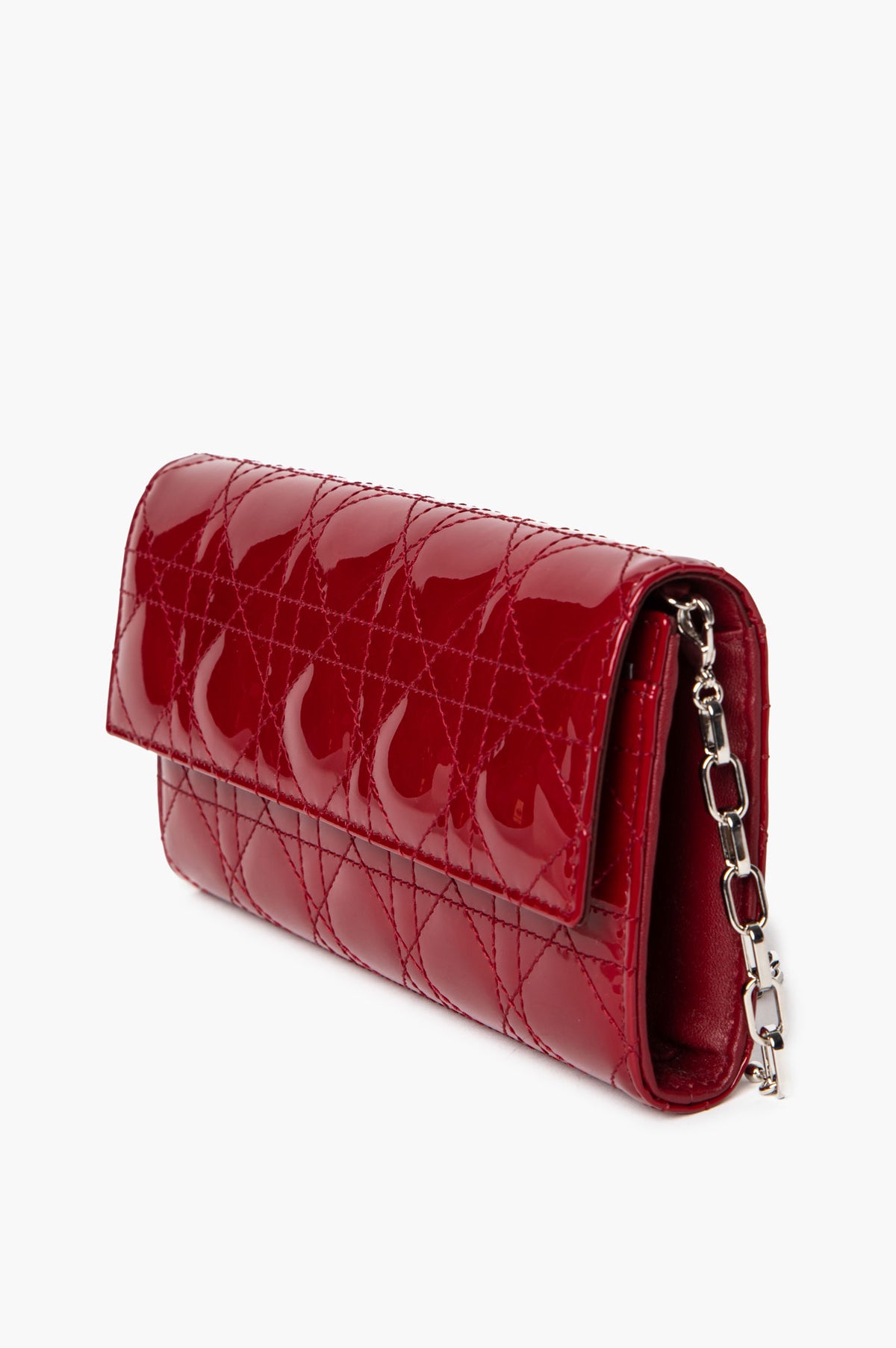 Christian Dior Crimson Patent Cannage Lady Dior Wallet On Chain