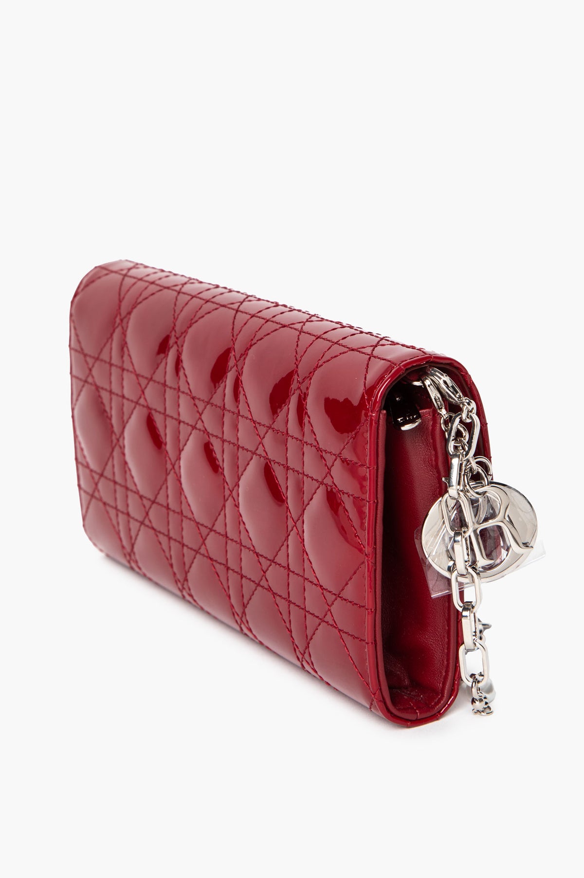 Christian Dior Crimson Patent Cannage Lady Dior Wallet On Chain