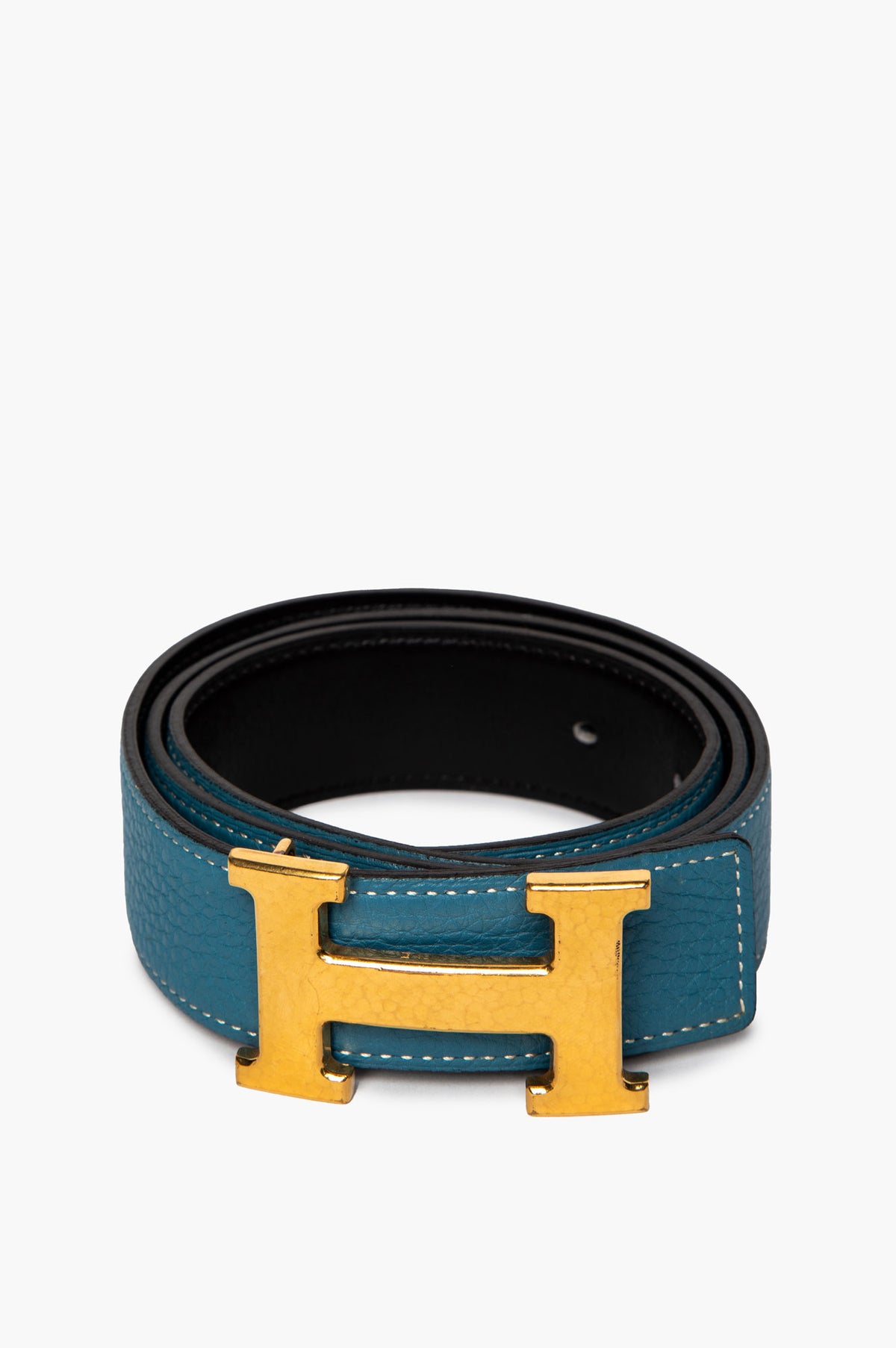 Hermès Blue Jean Togo/Black Swift Gold H Martelee Reversible Belt Size 80