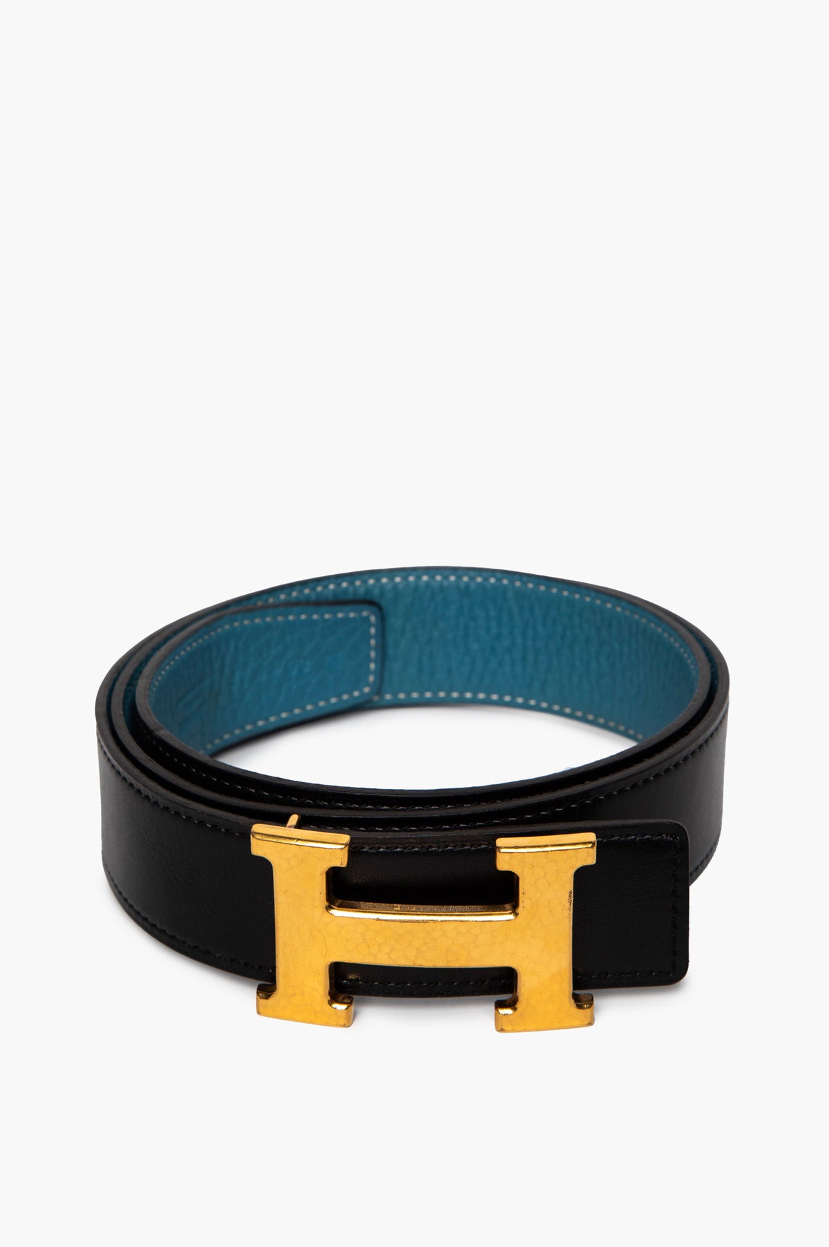 Hermès Blue Jean Togo/Black Swift Gold H Martelee Reversible Belt Size 80