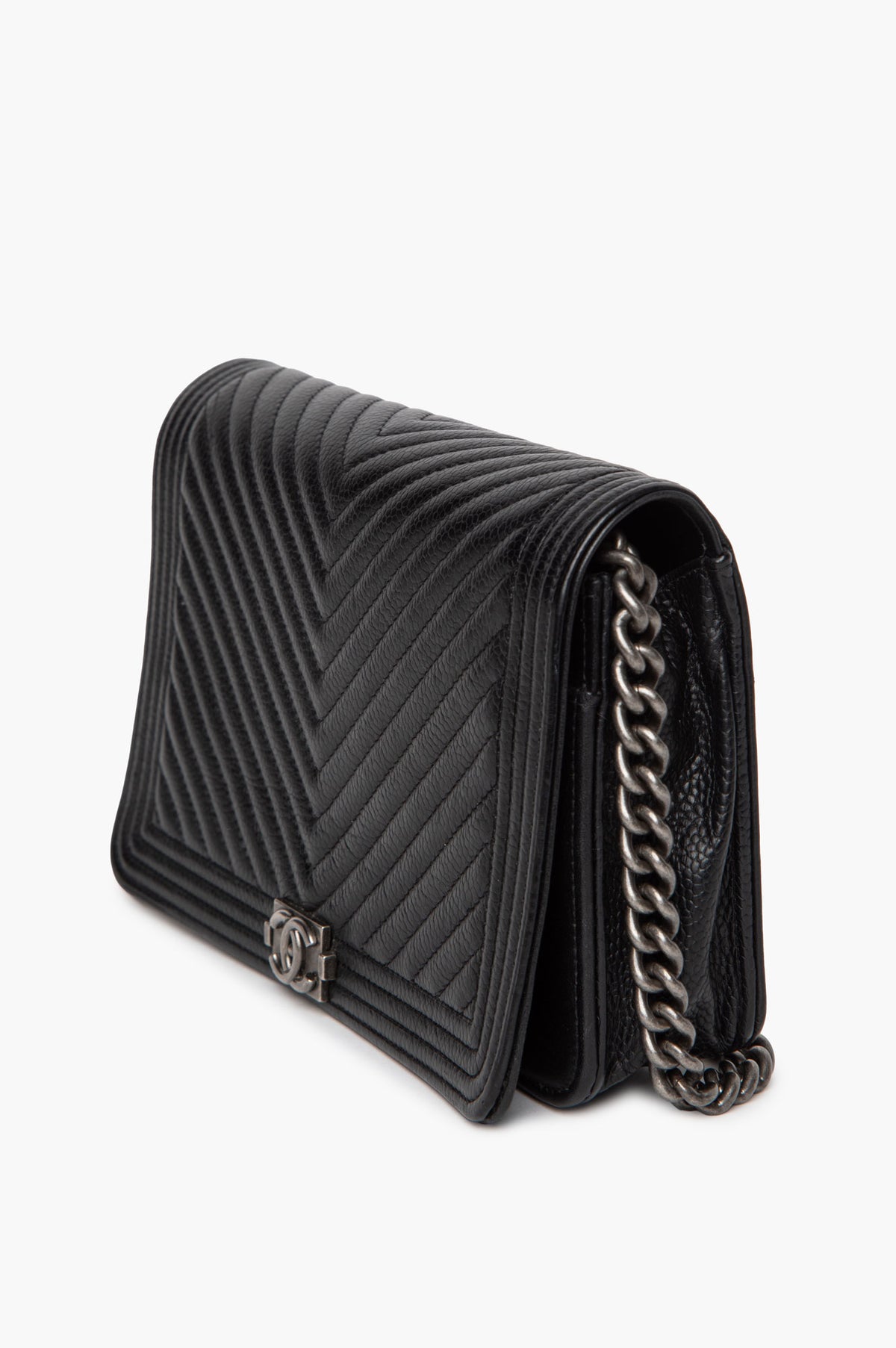 Chanel Black Chevron Quilted Caviar Antiqued Silver Hardware Boy WOC