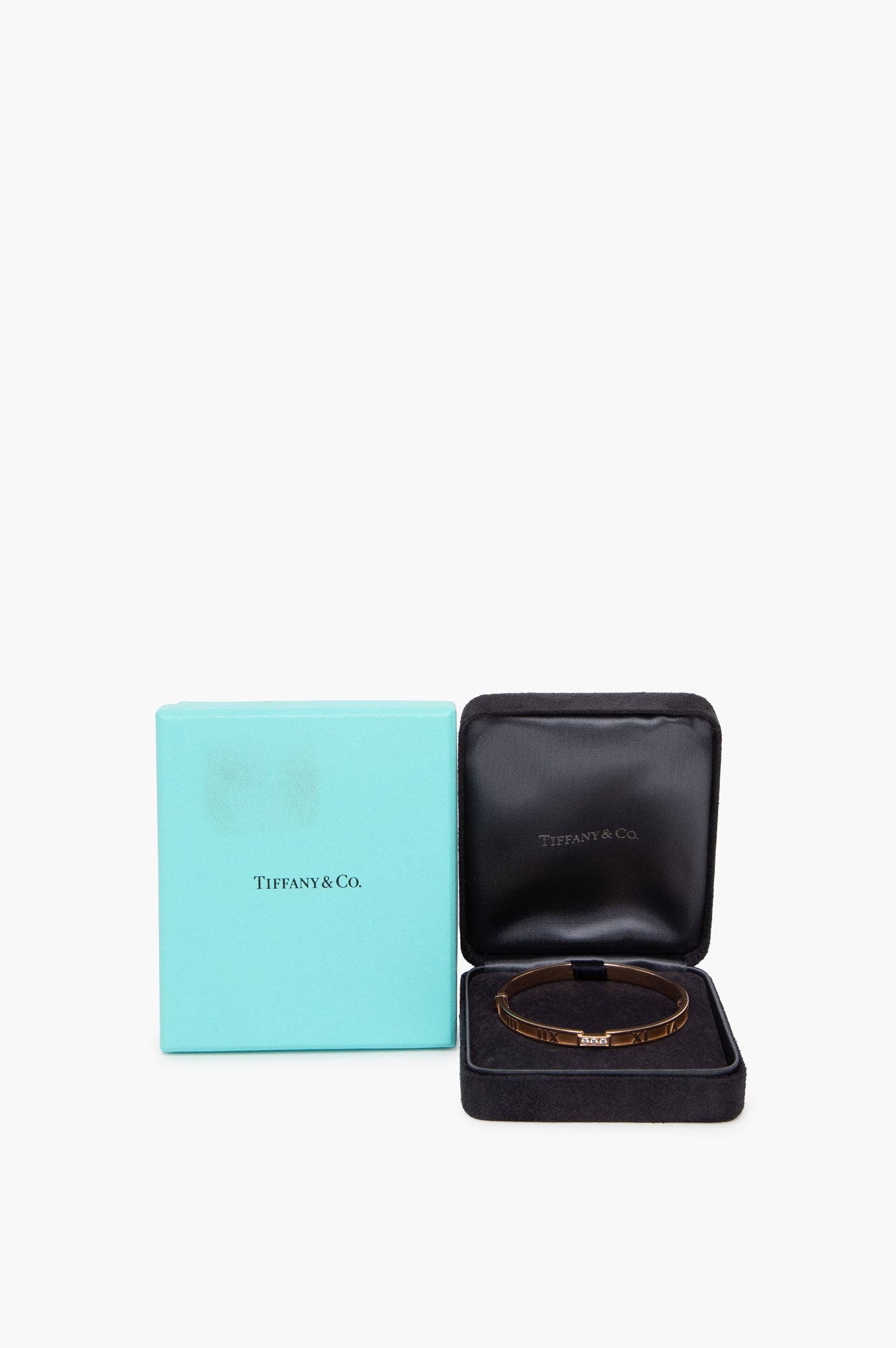 Tiffany & Co 18K Rose Gold Atlas 3 Diamonds Bangle Bracelet Size Medium