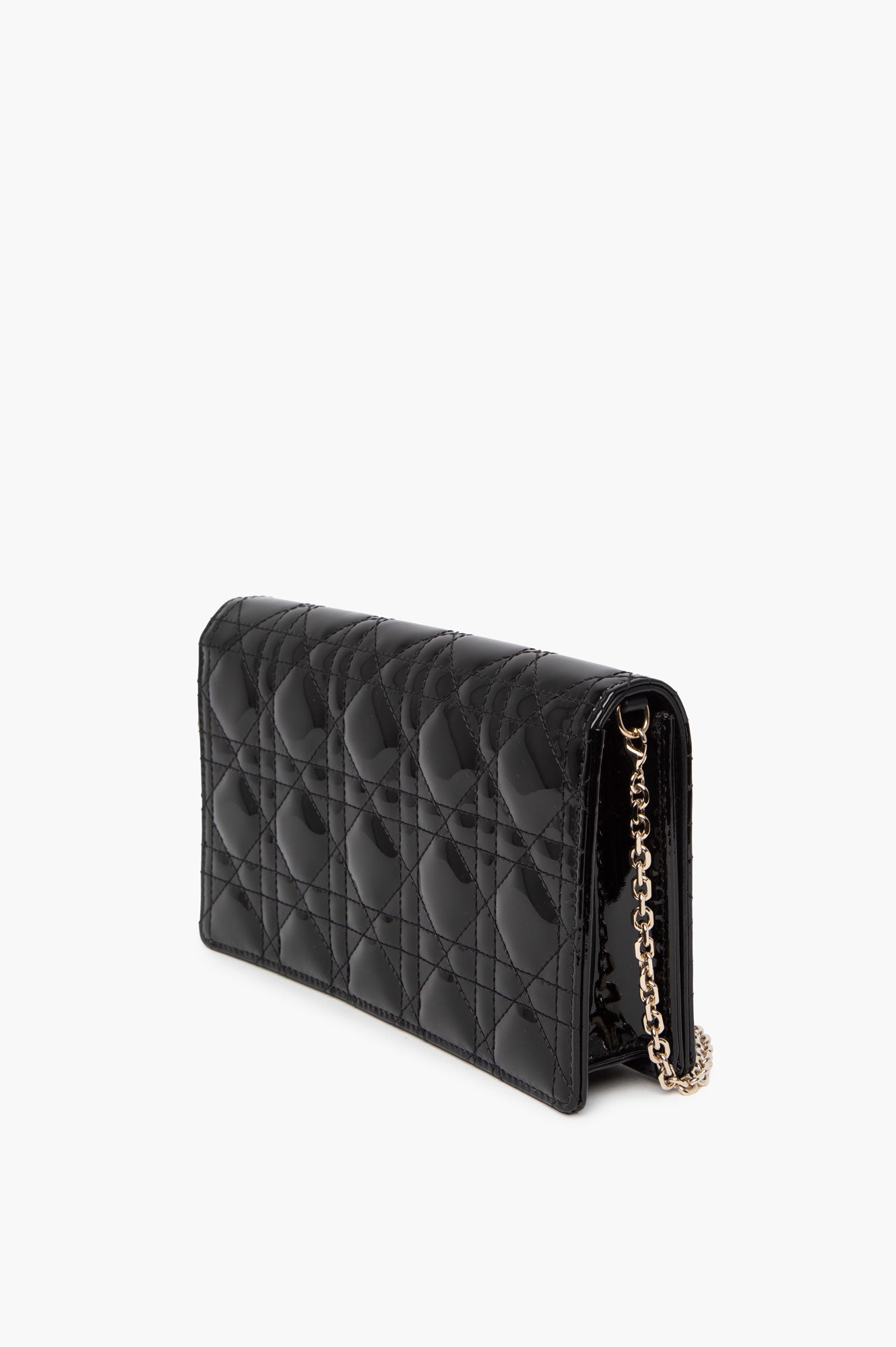 Christian Dior Black Patent Lady Dior Pouch With Chain