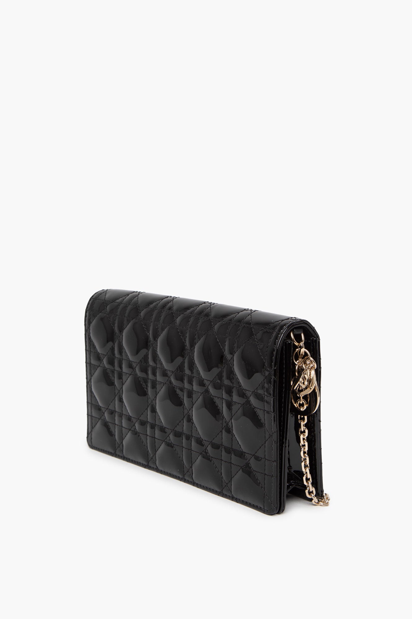 Christian Dior Black Patent Lady Dior Pouch With Chain