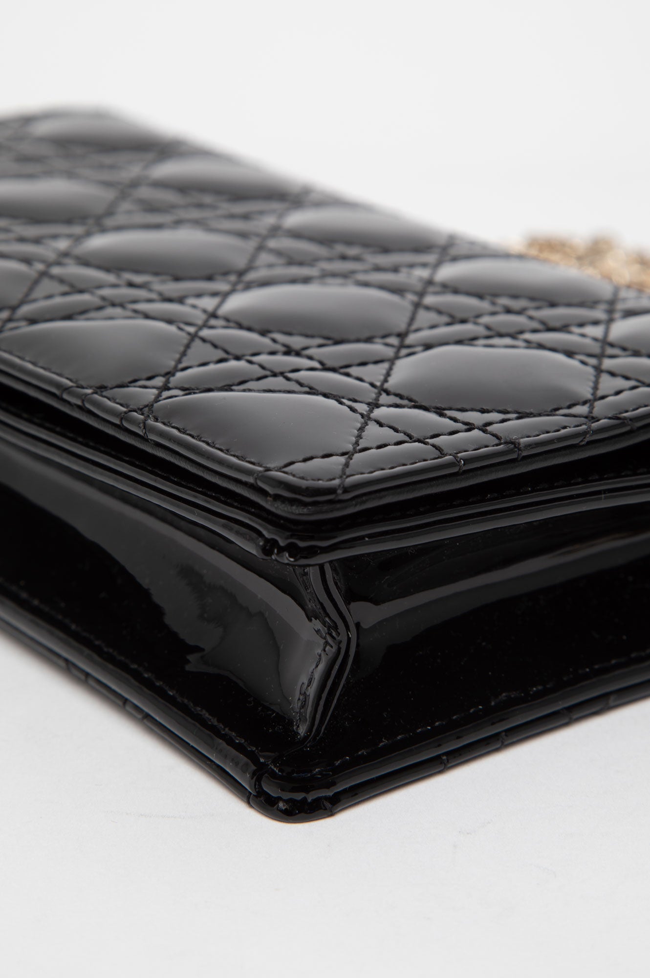 Christian Dior Black Patent Lady Dior Pouch With Chain