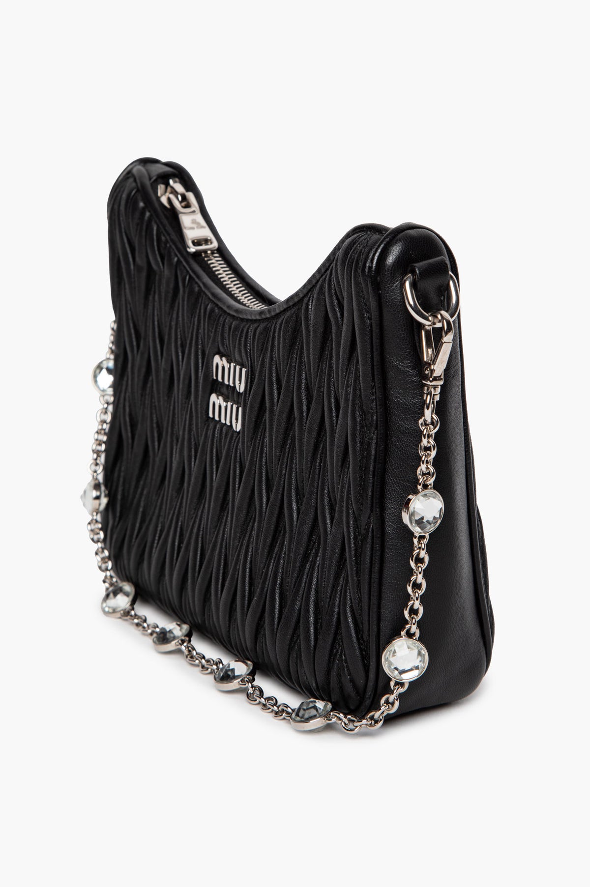 Miu Miu Black Matelassé Nappa Crystal Chain 2-Way Hobo Bag