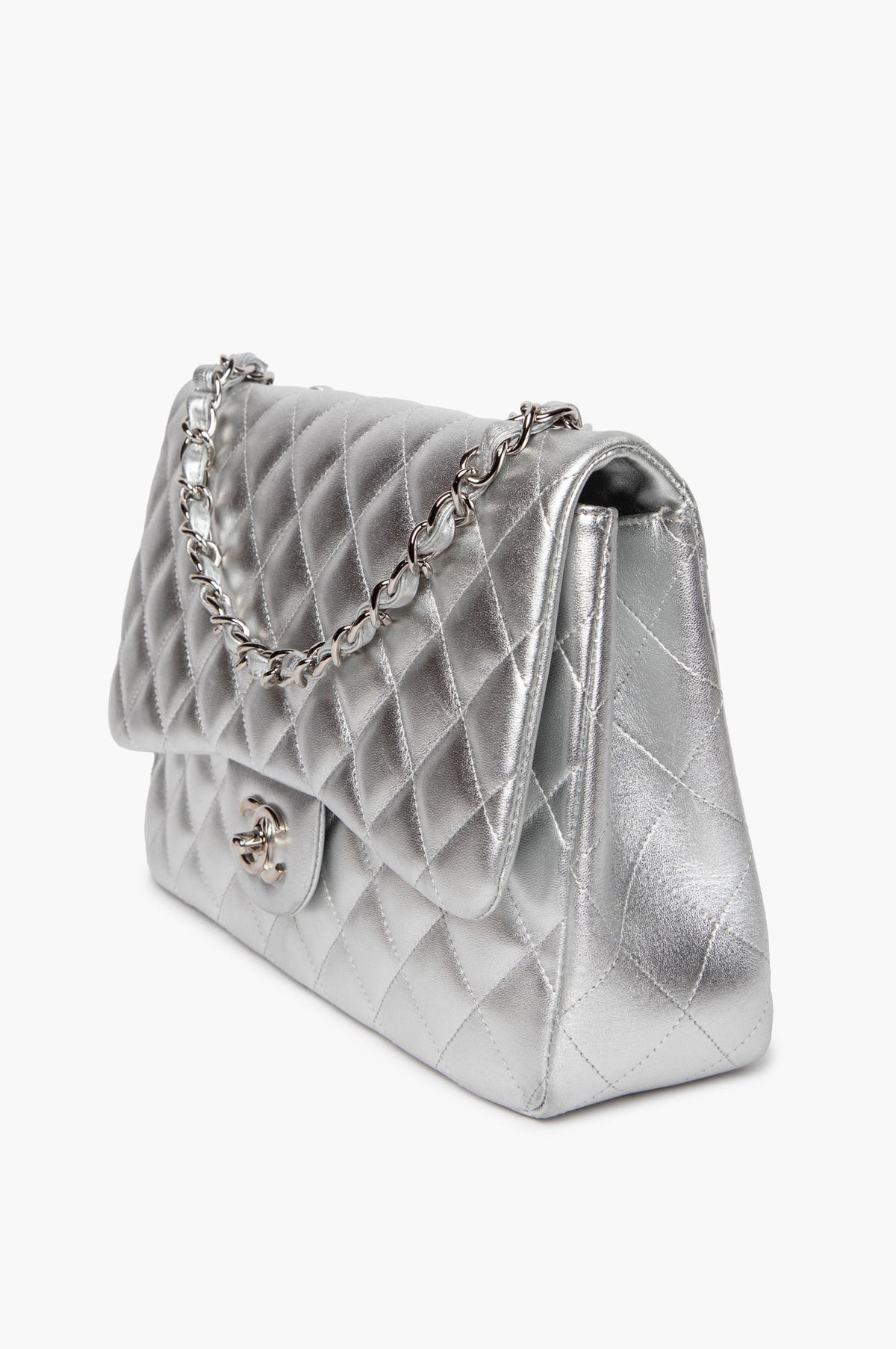 Chanel Silver Metallic Lambskin Large Single Flap Bag