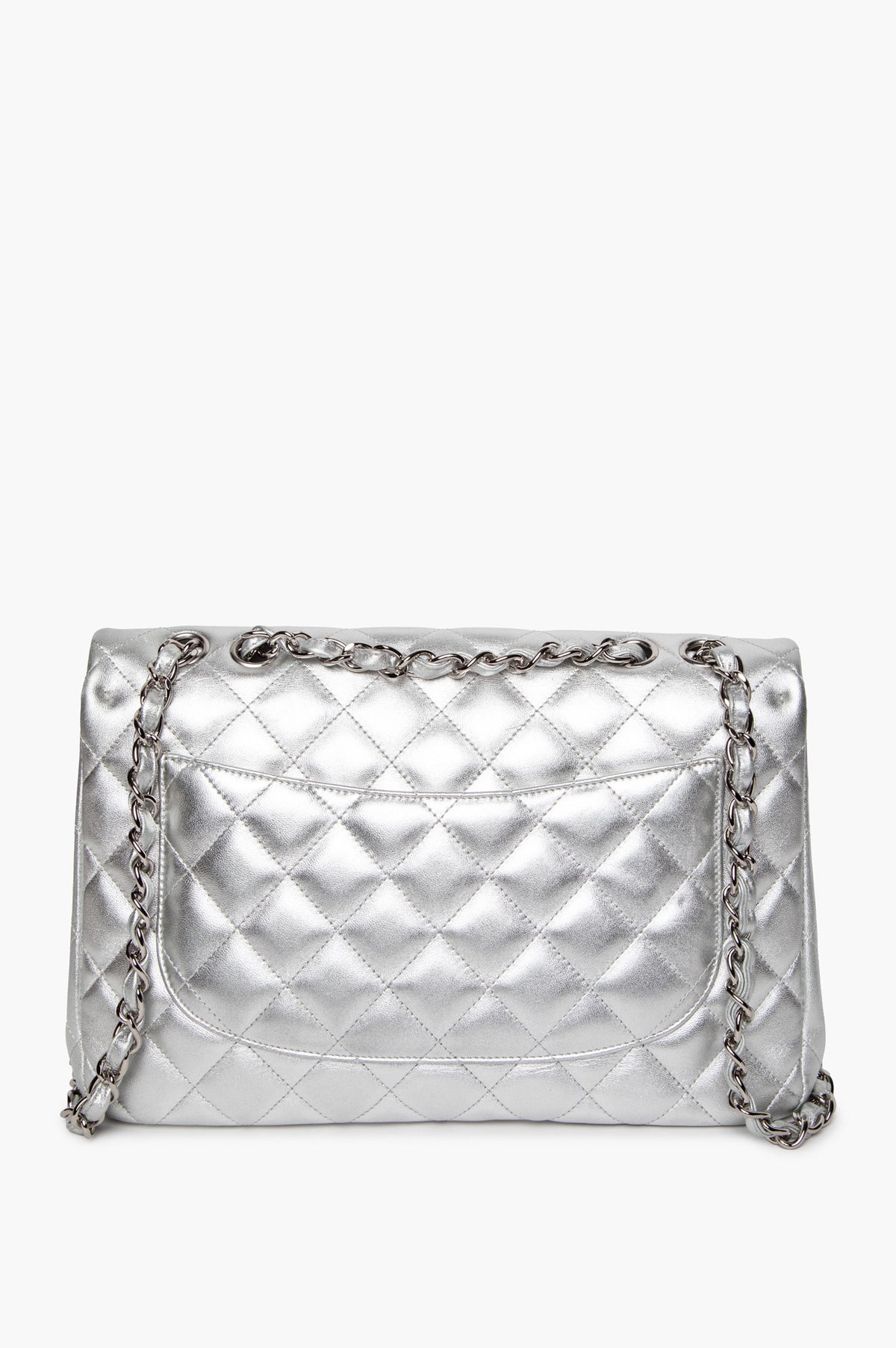Chanel Silver Metallic Lambskin Large Single Flap Bag