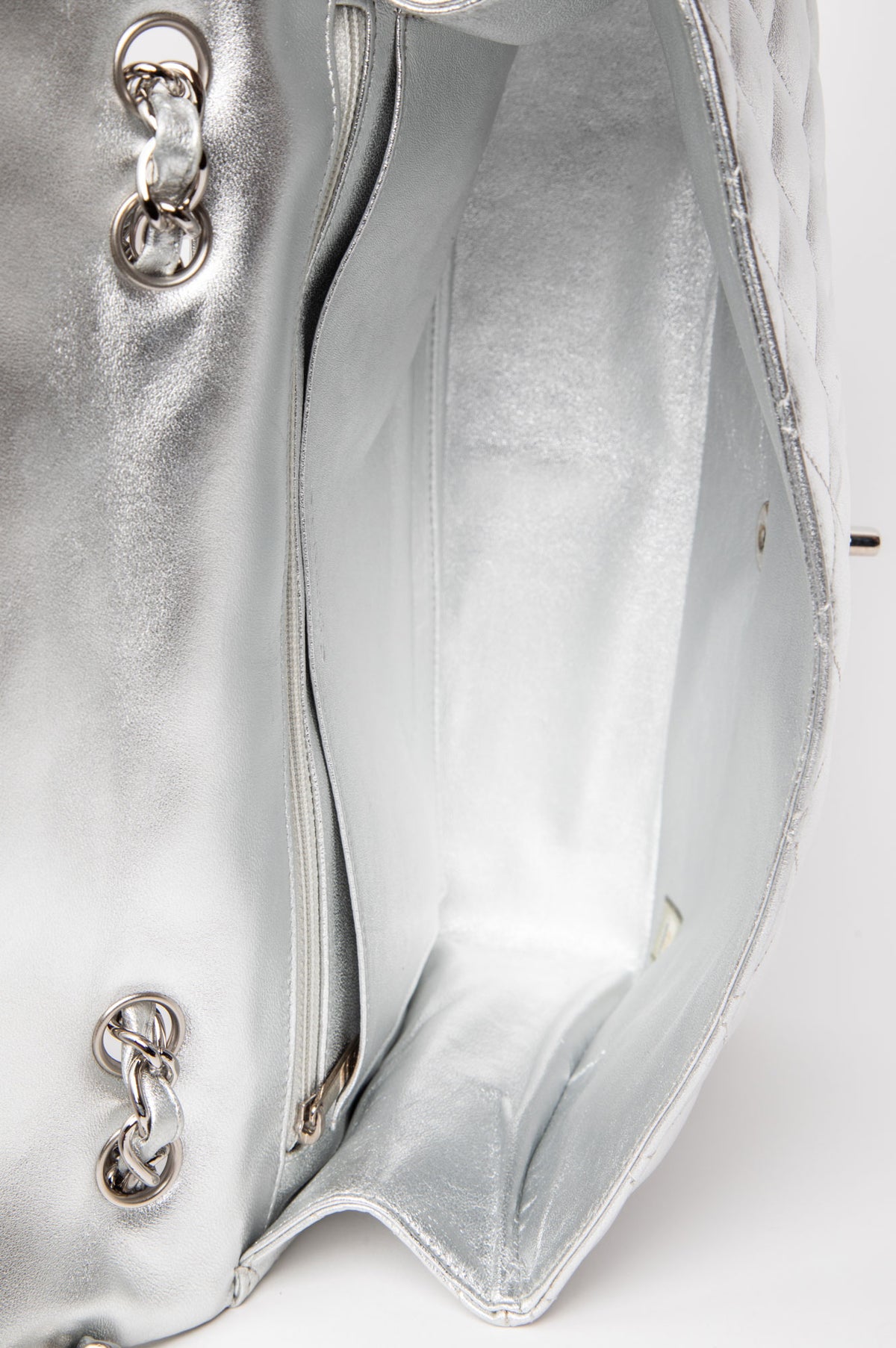 Chanel Silver Metallic Lambskin Large Single Flap Bag