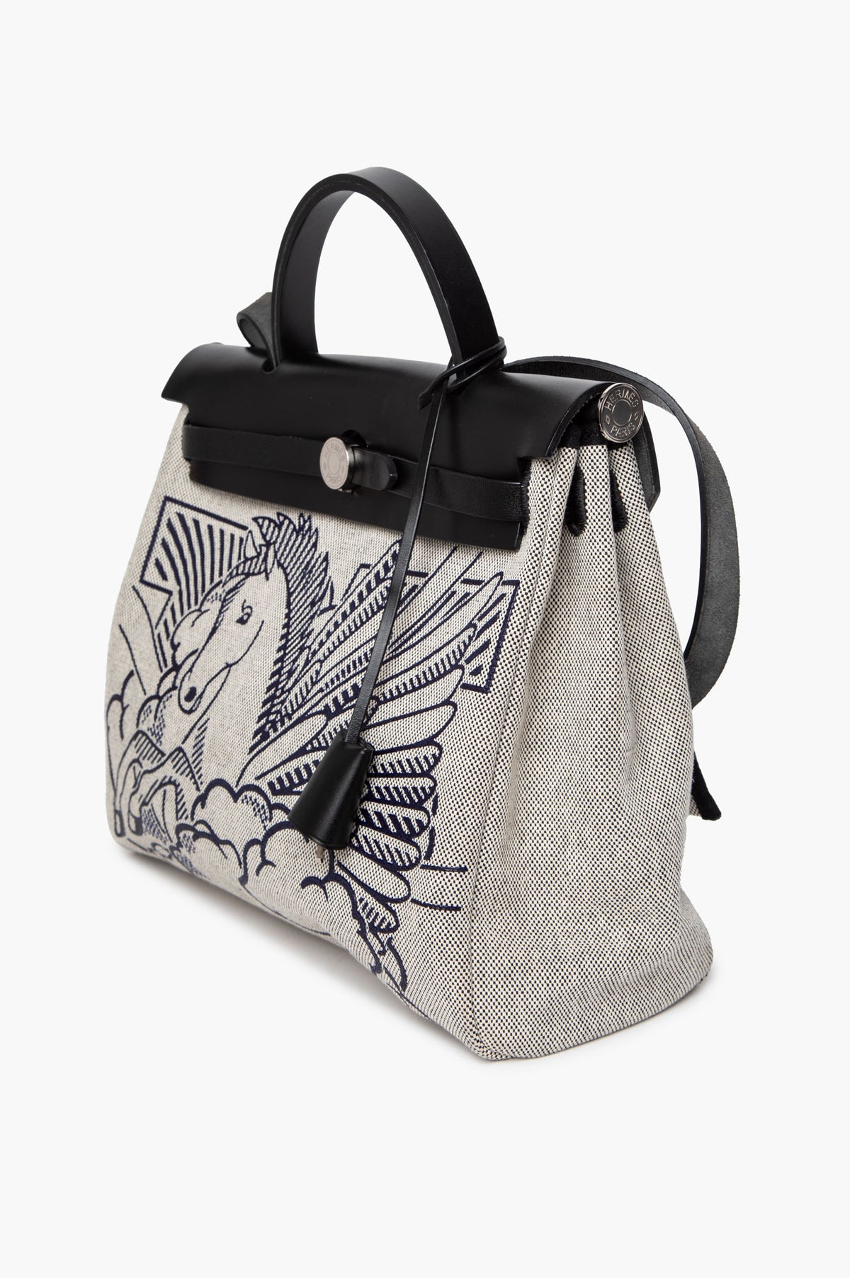 Hermès Black Vache Hunter and Bleu Indigo/Ecru Toile Herbag Zip Pegase Pop 31 PM