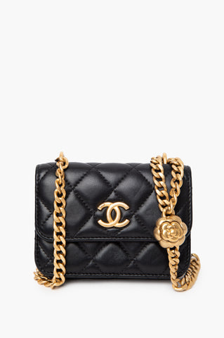 Chanel Black Flap Lambskin Camellia Gold Chain Mini Bag