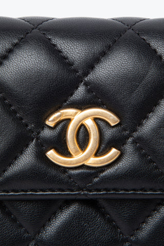 Chanel Black Flap Lambskin Camellia Gold Chain Mini Bag