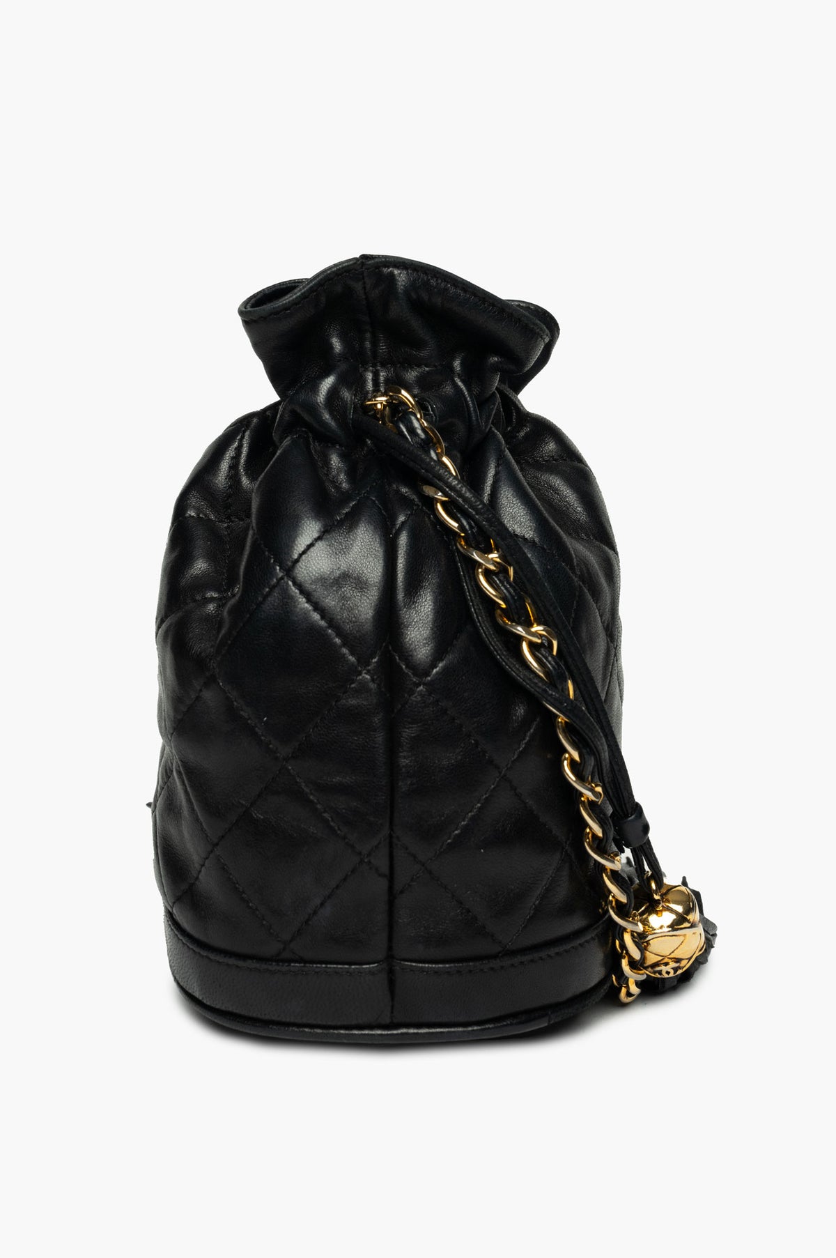 Chanel Vintage 1989 Black Lambskin Quilted Tassel Bucket Bag