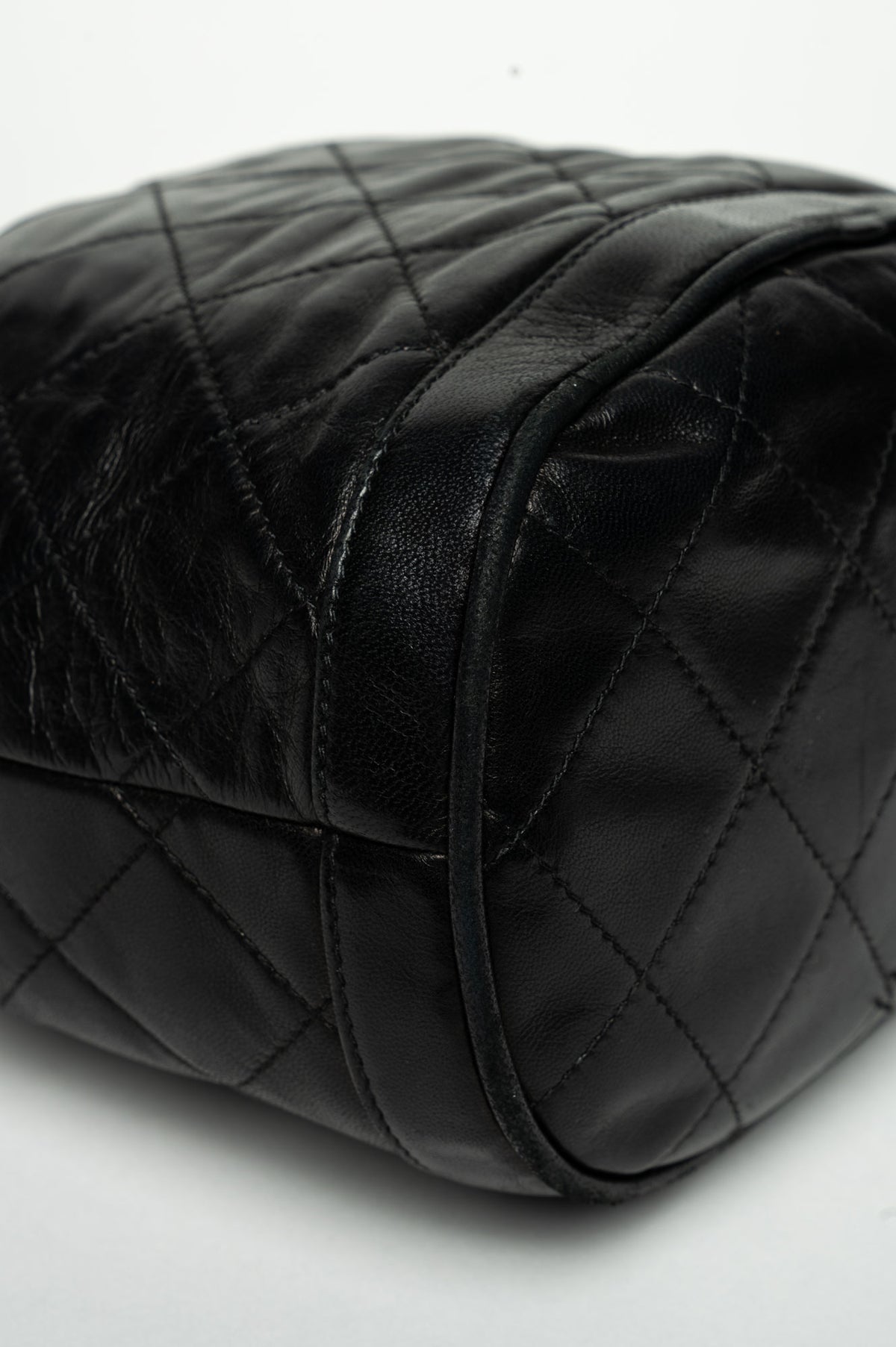 Chanel Vintage 1989 Black Lambskin Quilted Tassel Bucket Bag