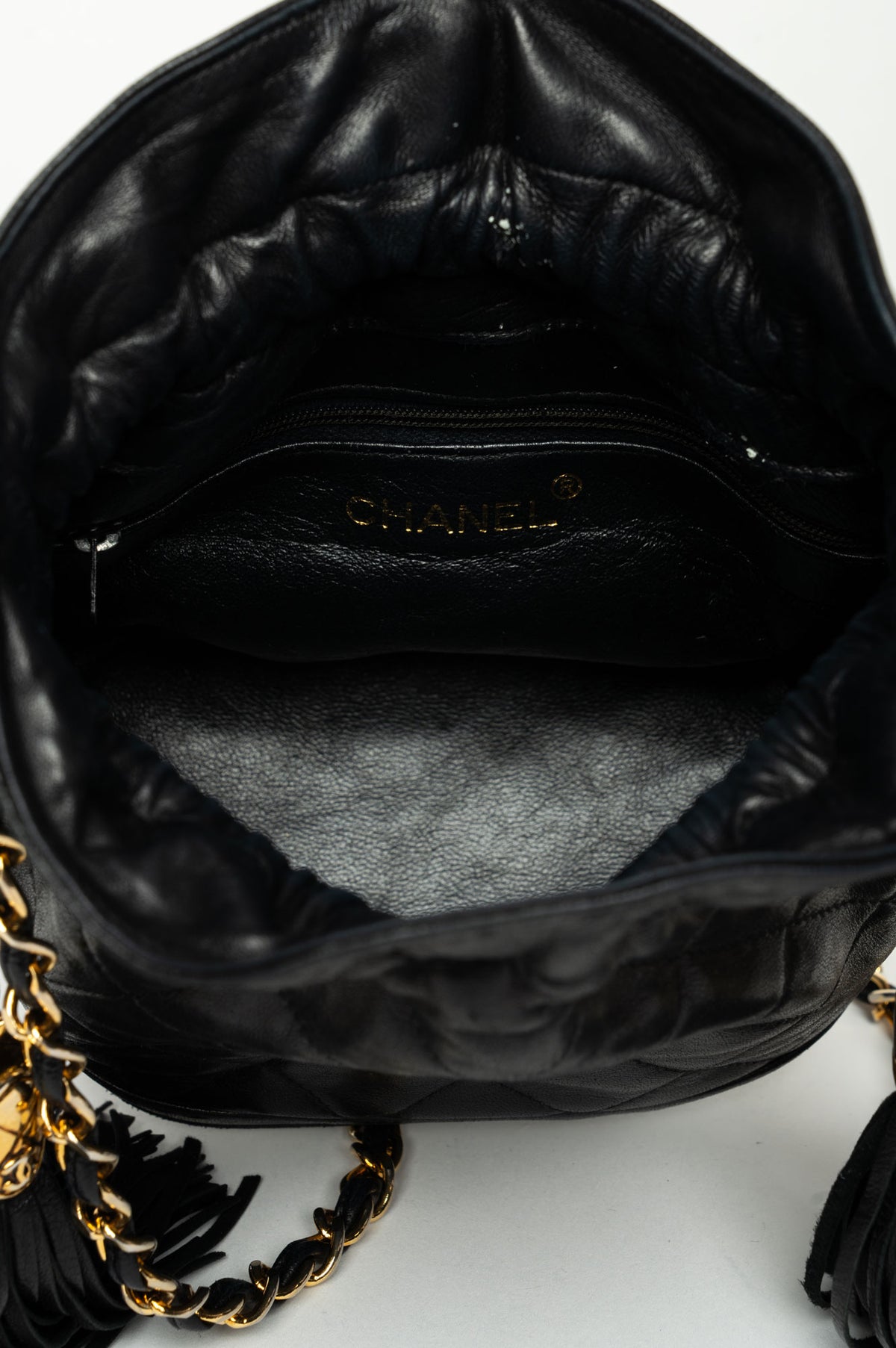 Chanel Vintage 1989 Black Lambskin Quilted Tassel Bucket Bag