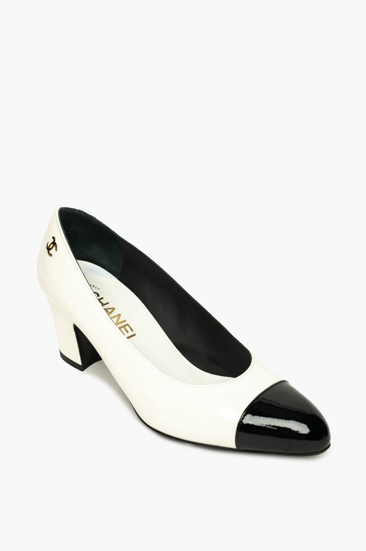 Chanel White Patent Black Cap-Toe Classic Pumps Size 36.5