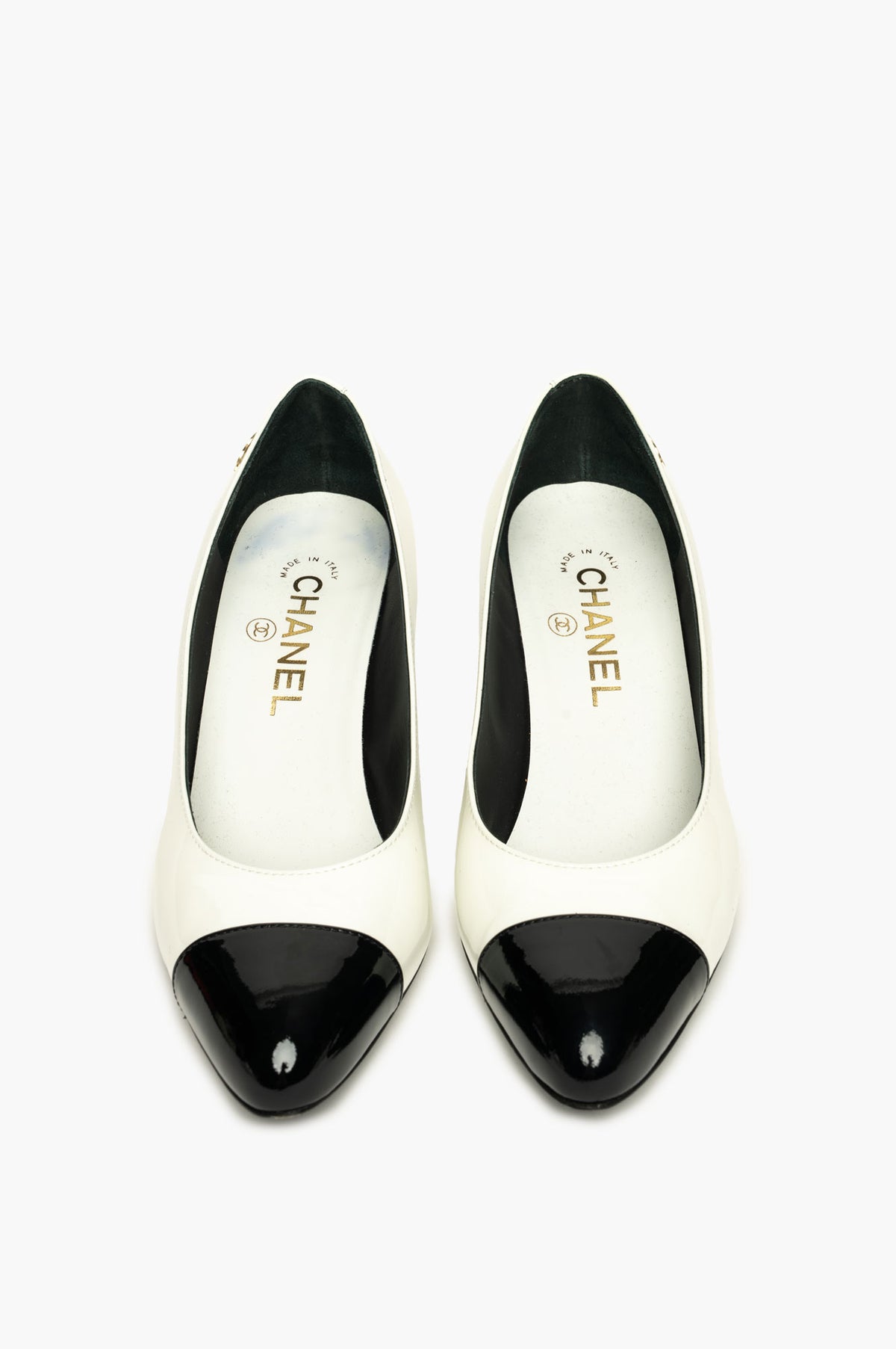 Chanel White Patent Black Cap-Toe Classic Pumps Size 36.5