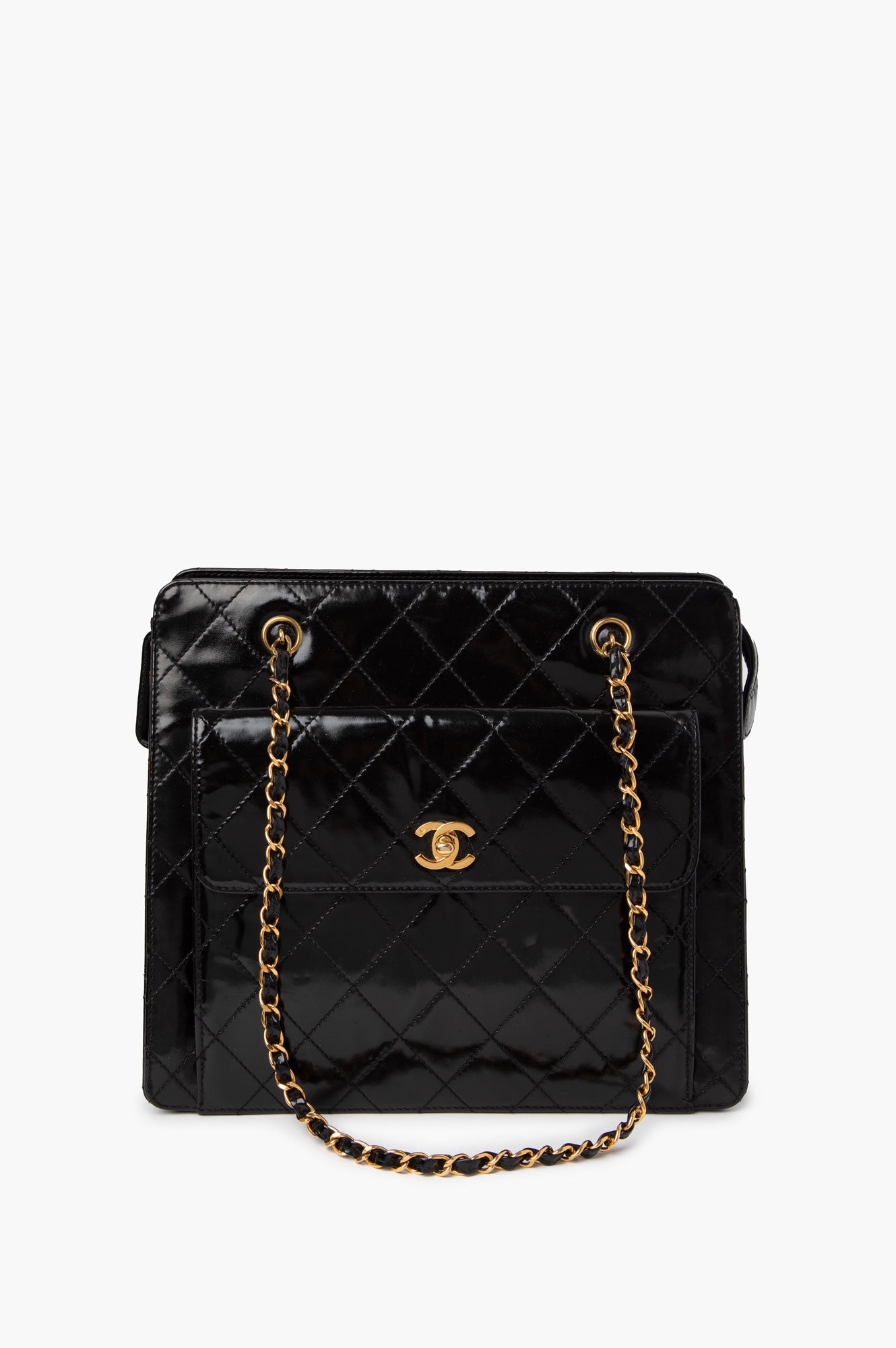 Chanel Black Patent Leather Quilted Shopping Tote