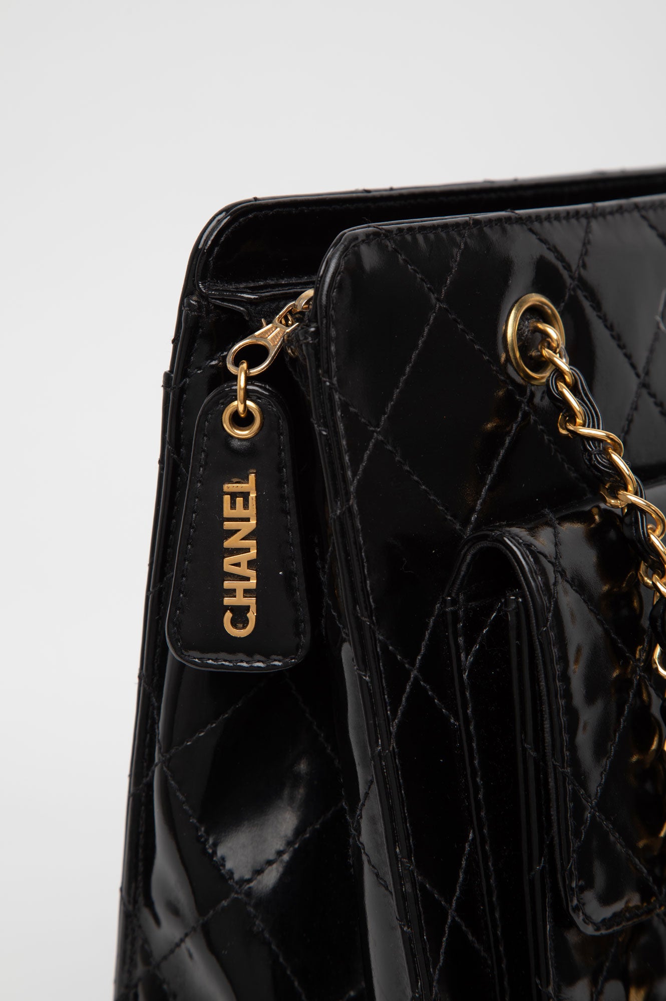 Chanel Black Patent Leather Quilted Shopping Tote