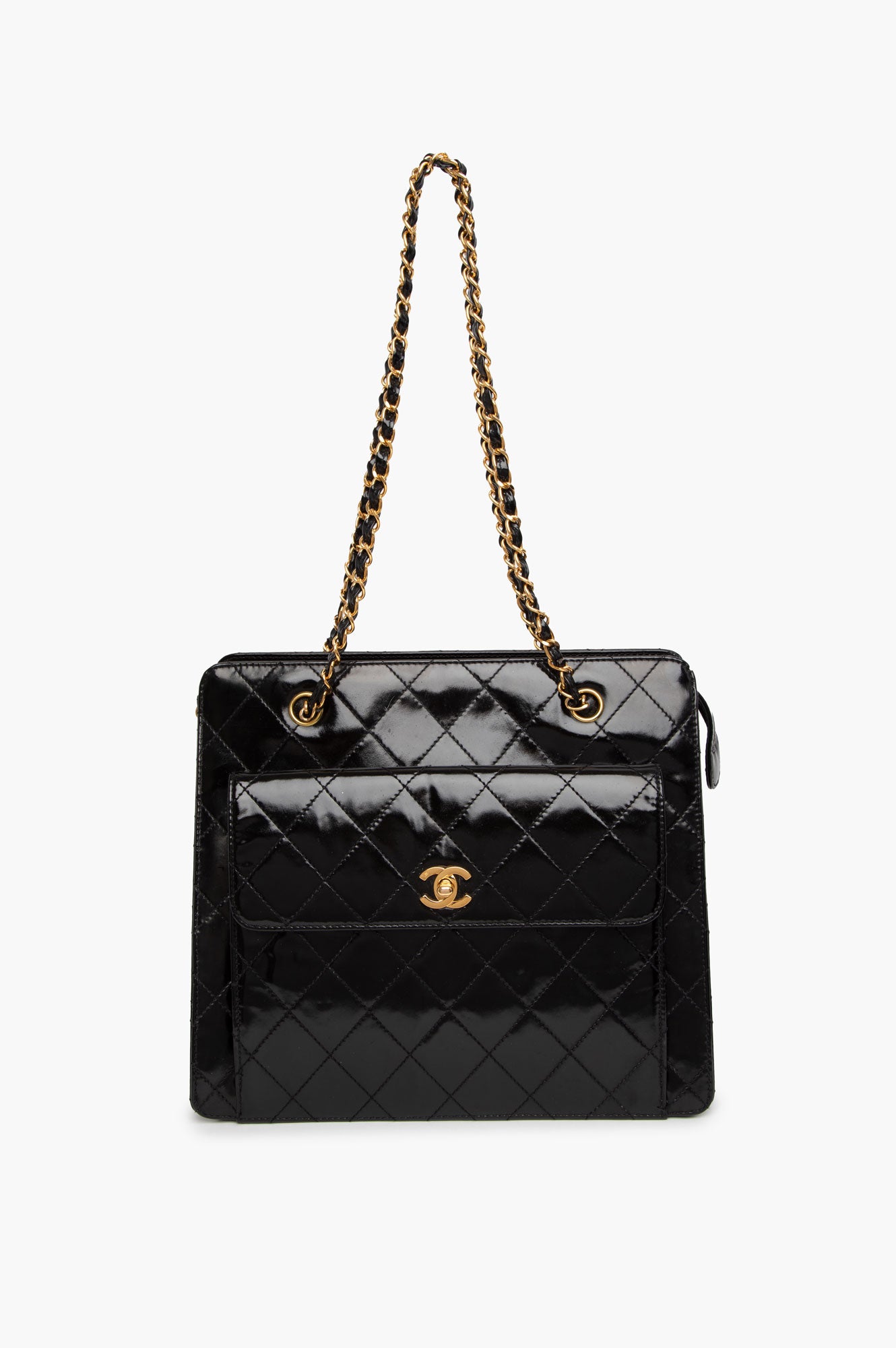 Chanel Black Patent Leather Quilted Shopping Tote