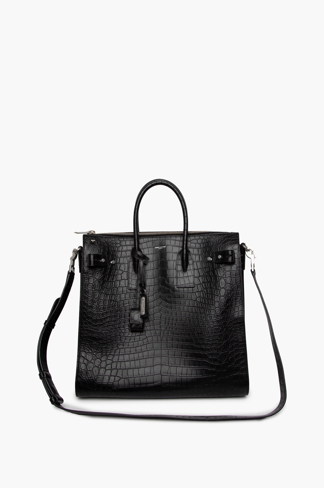 Saint Laurent Black Calfskin  Croc Embossed Tote Bag