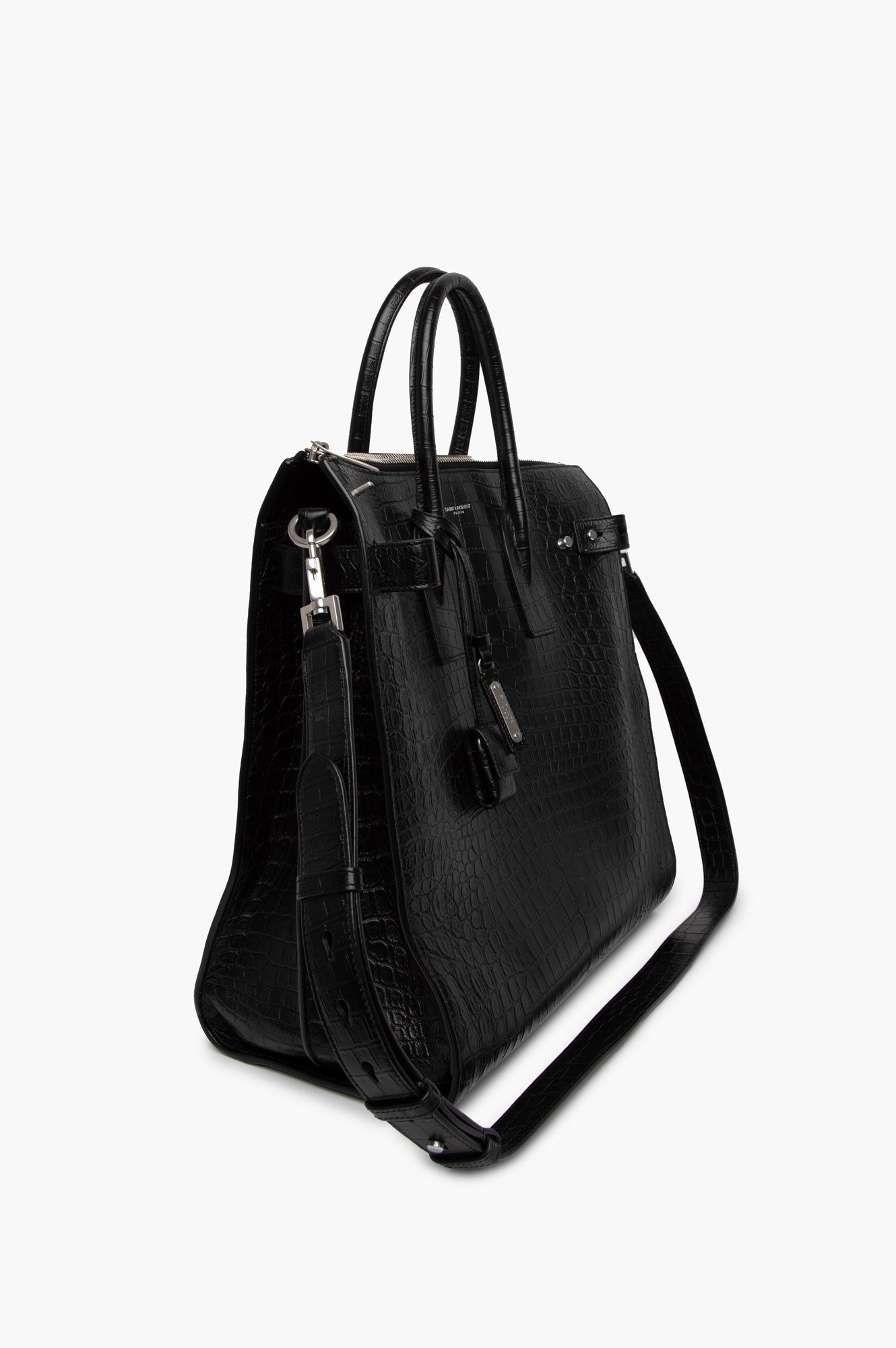 Saint Laurent Black Calfskin  Croc Embossed Tote Bag