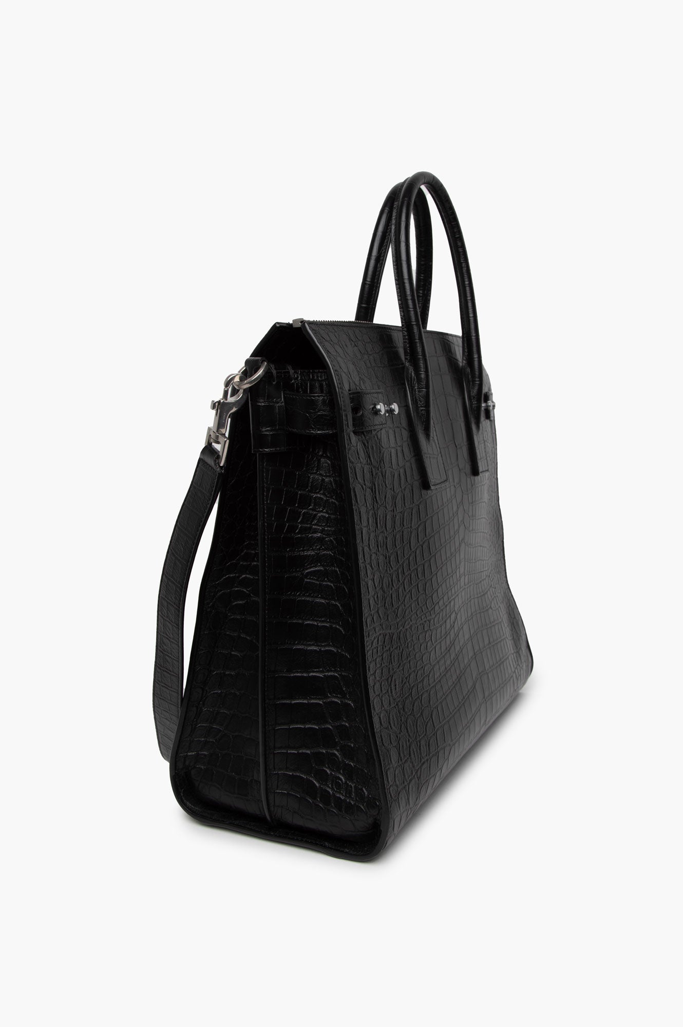 Saint Laurent Black Calfskin  Croc Embossed Tote Bag