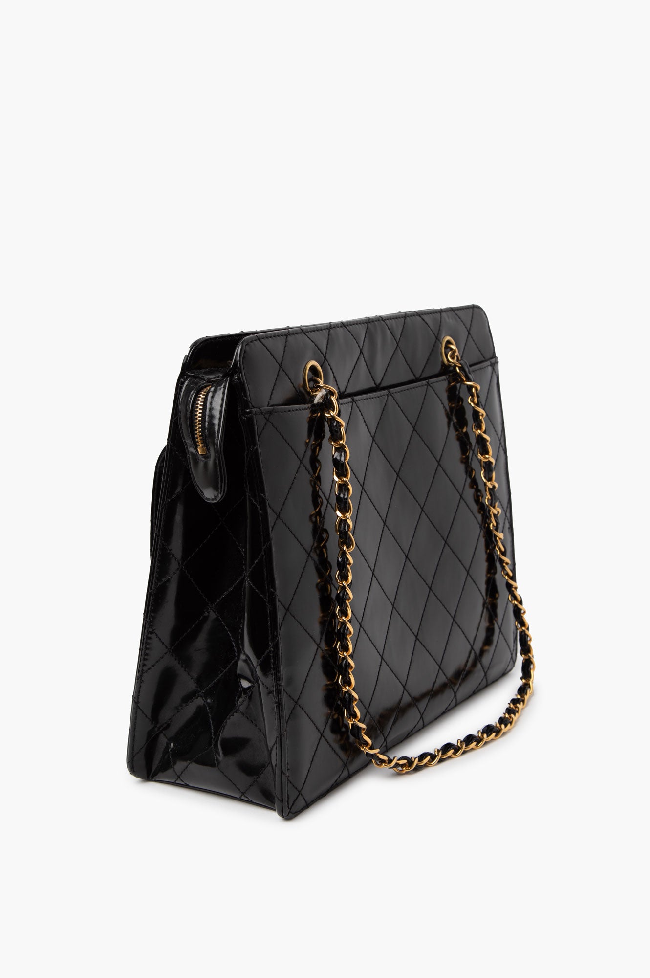 Chanel Black Patent Leather Quilted Shopping Tote