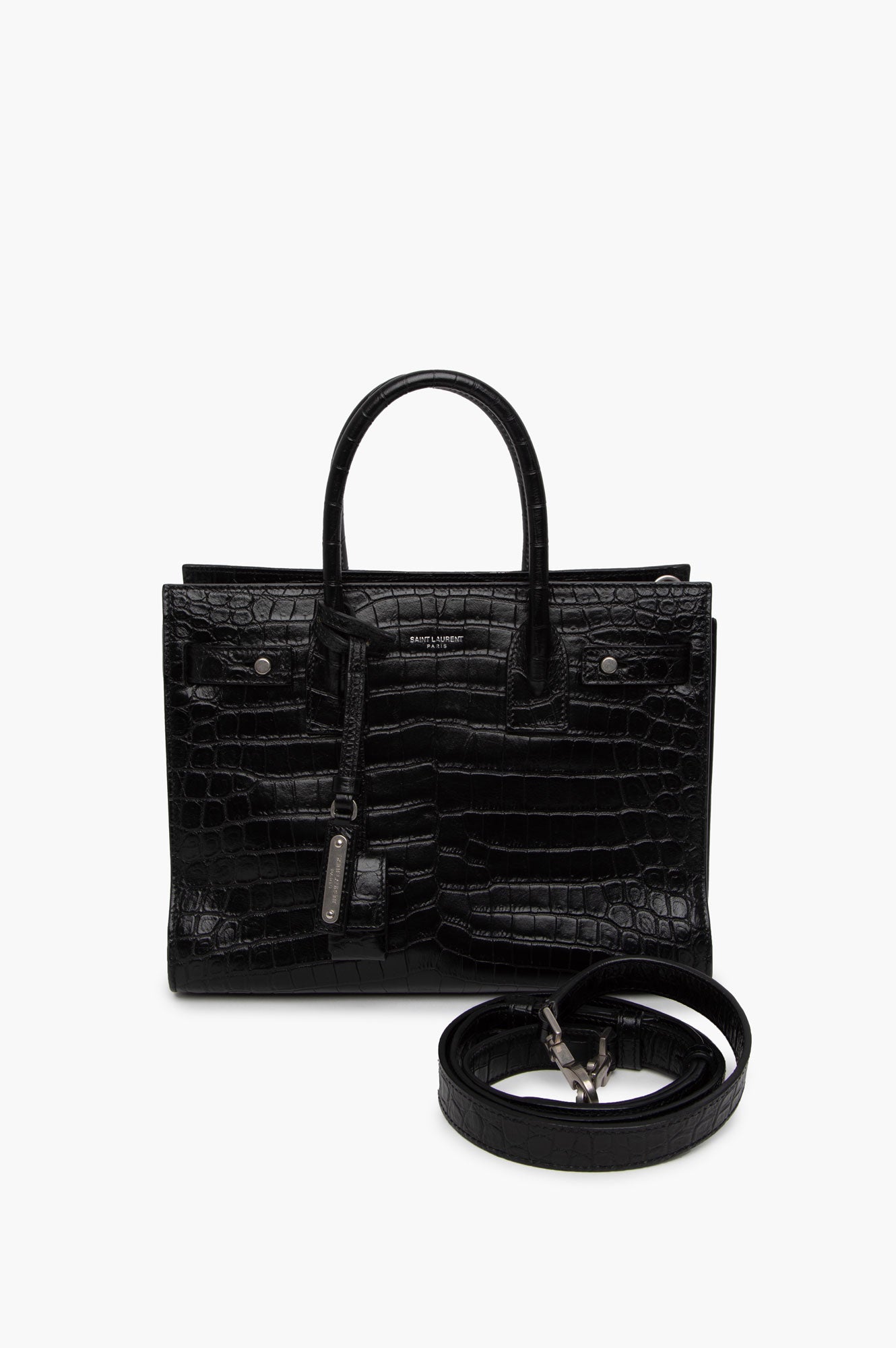 Saint Laurent Black Croc Embossed Sac De Jour Bag