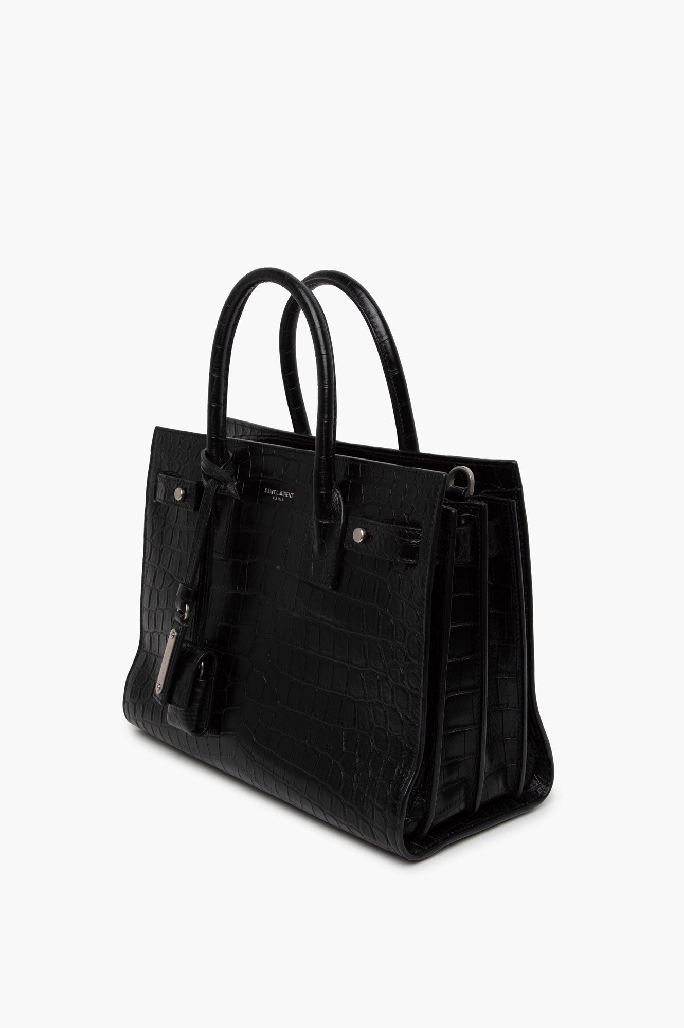 Saint Laurent Black Croc Embossed Sac De Jour Bag