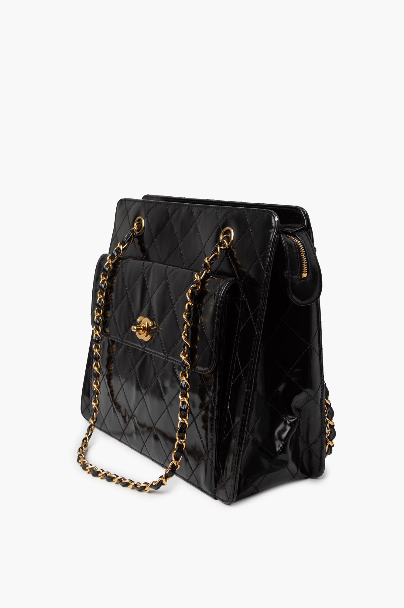 Chanel Black Patent Leather Quilted Shopping Tote