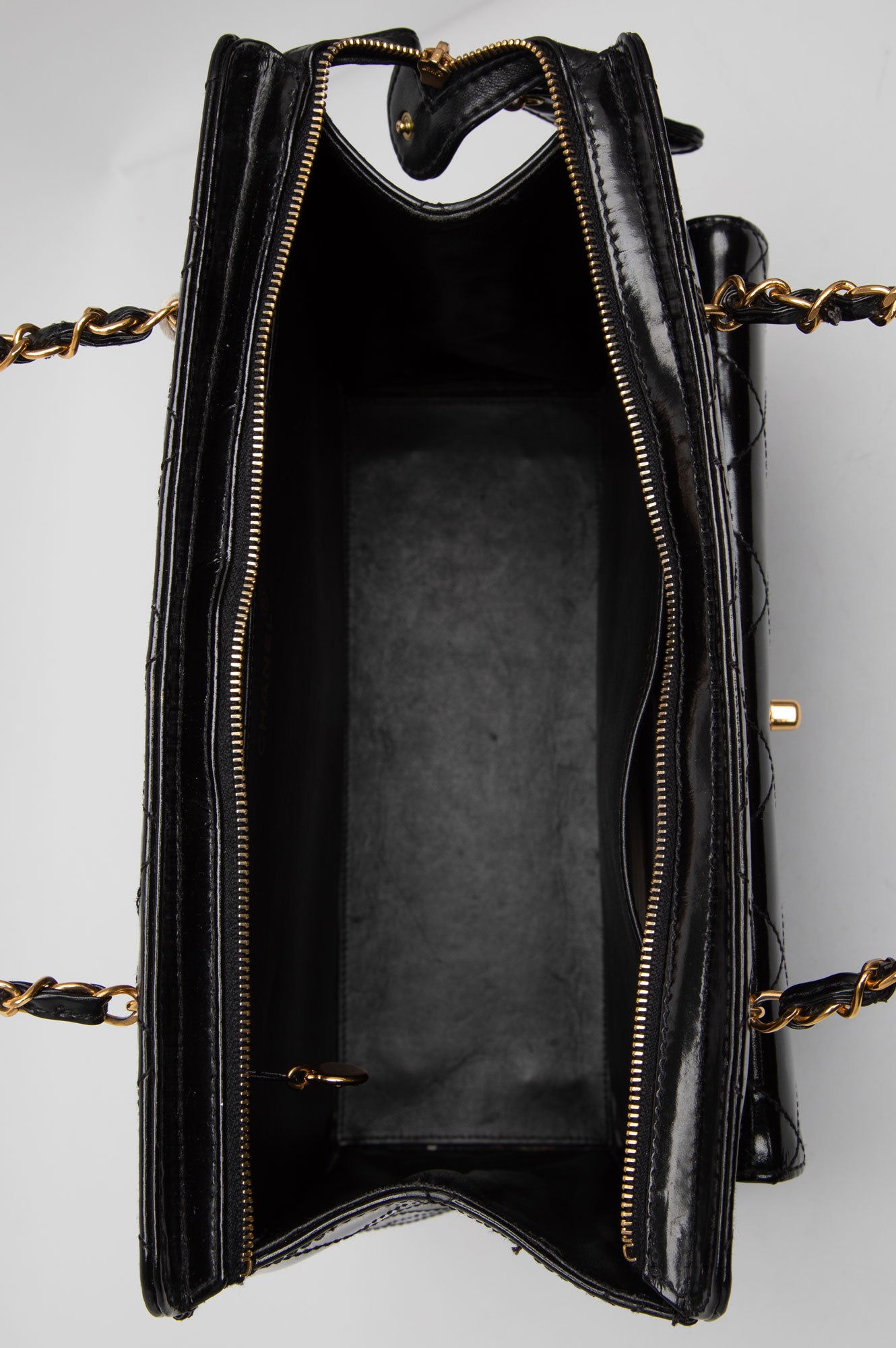 Chanel Black Patent Leather Quilted Shopping Tote