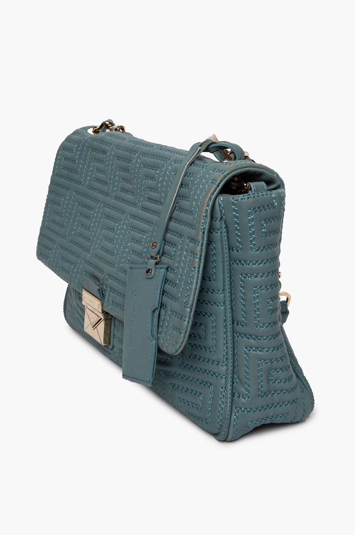 Gianni Versace Teal Greca Quilted Shoulder Bag