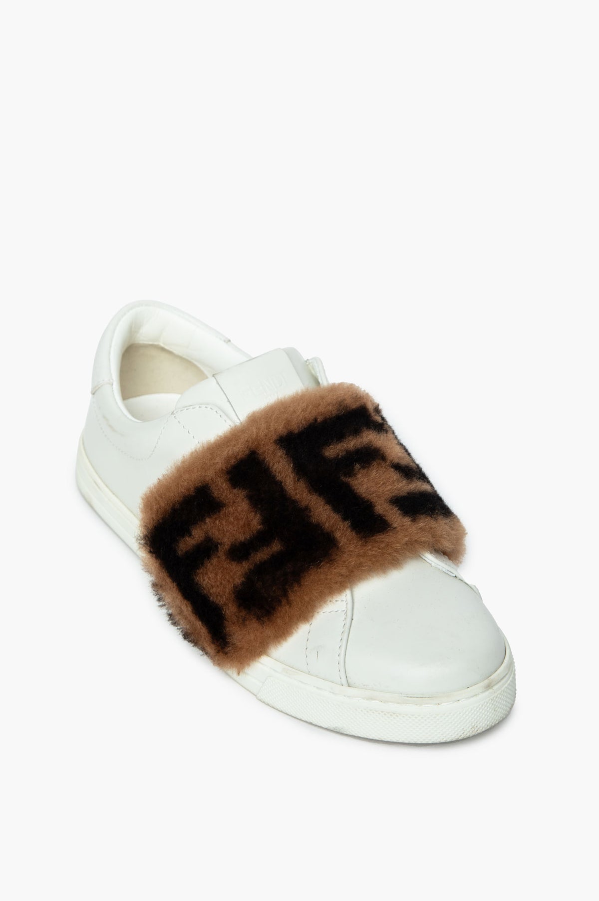 Fendi White Leather Shearling FF Slip-On Sneakers Size 35