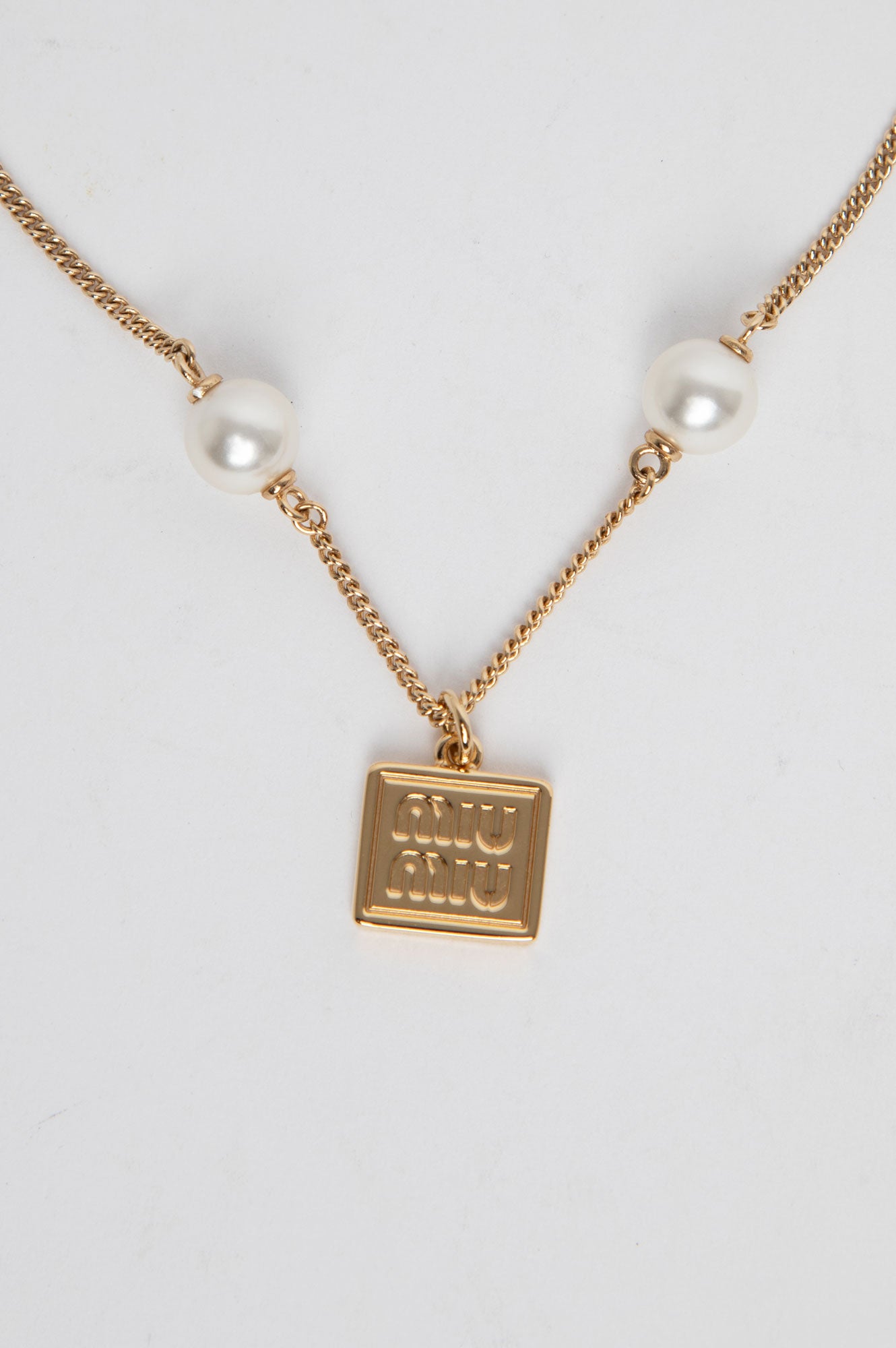 Miu Miu Gold Logo With Pearl Necklace