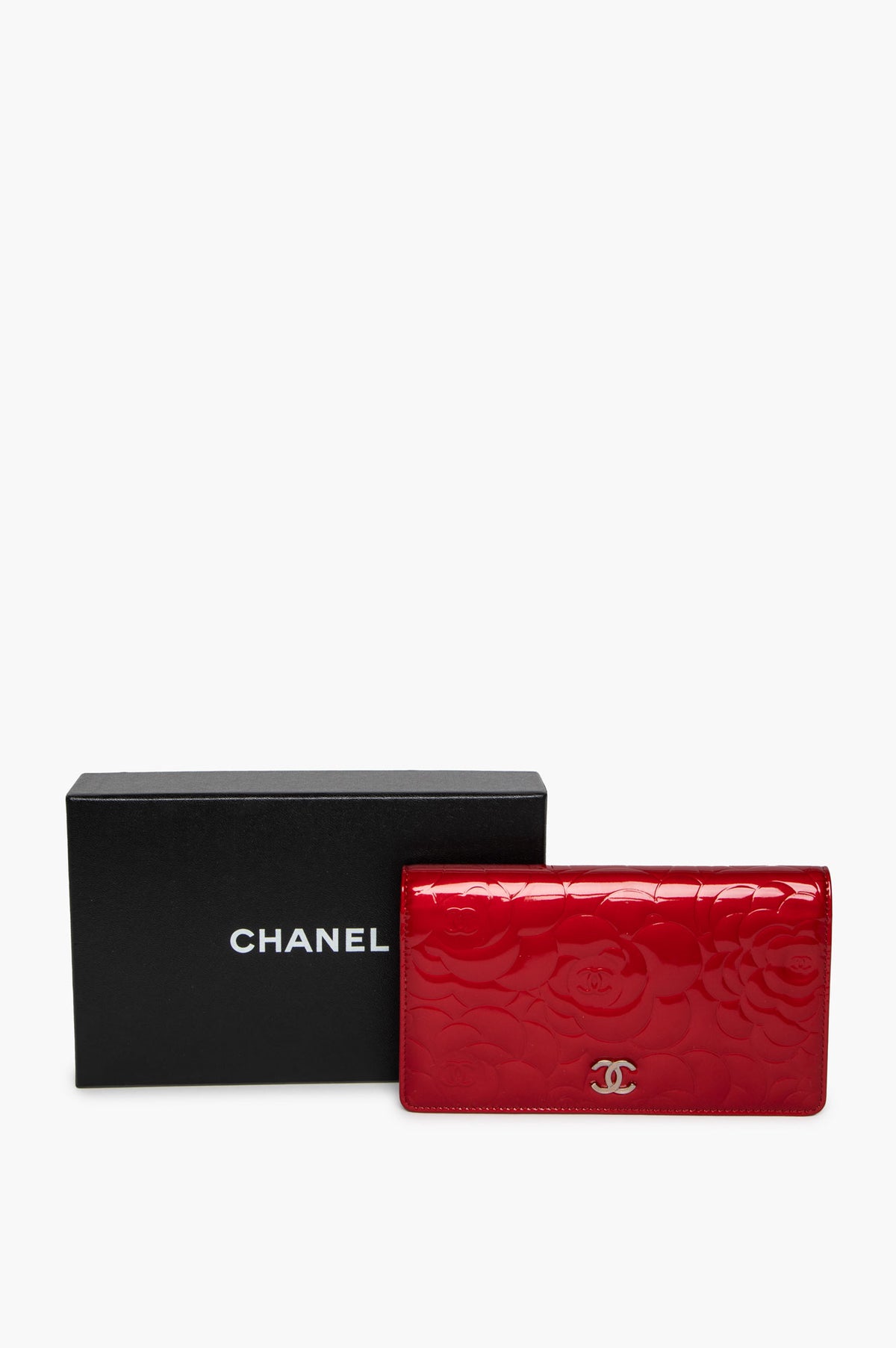 Chanel Red Patent Camellia Embossed Wallet
