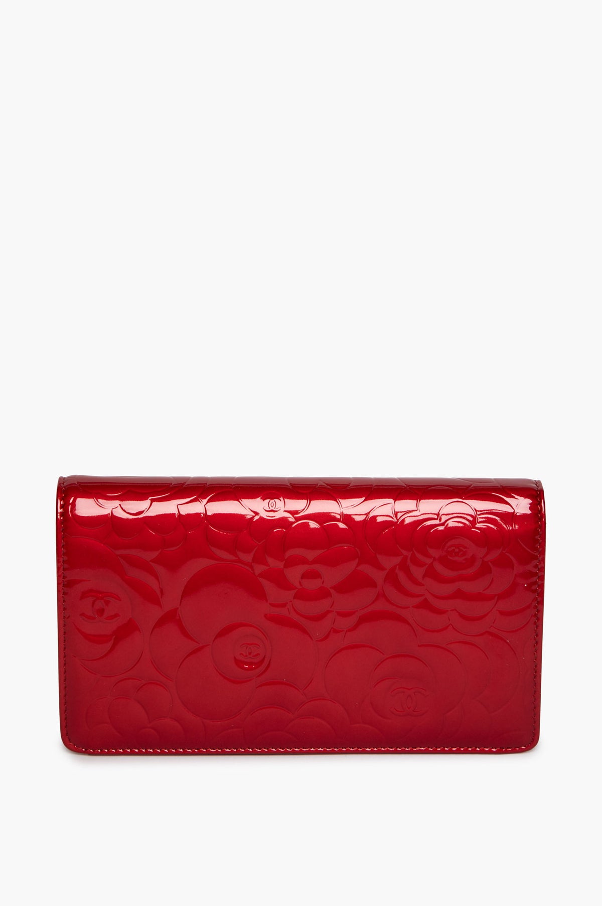 Chanel Red Patent Camellia Embossed Wallet