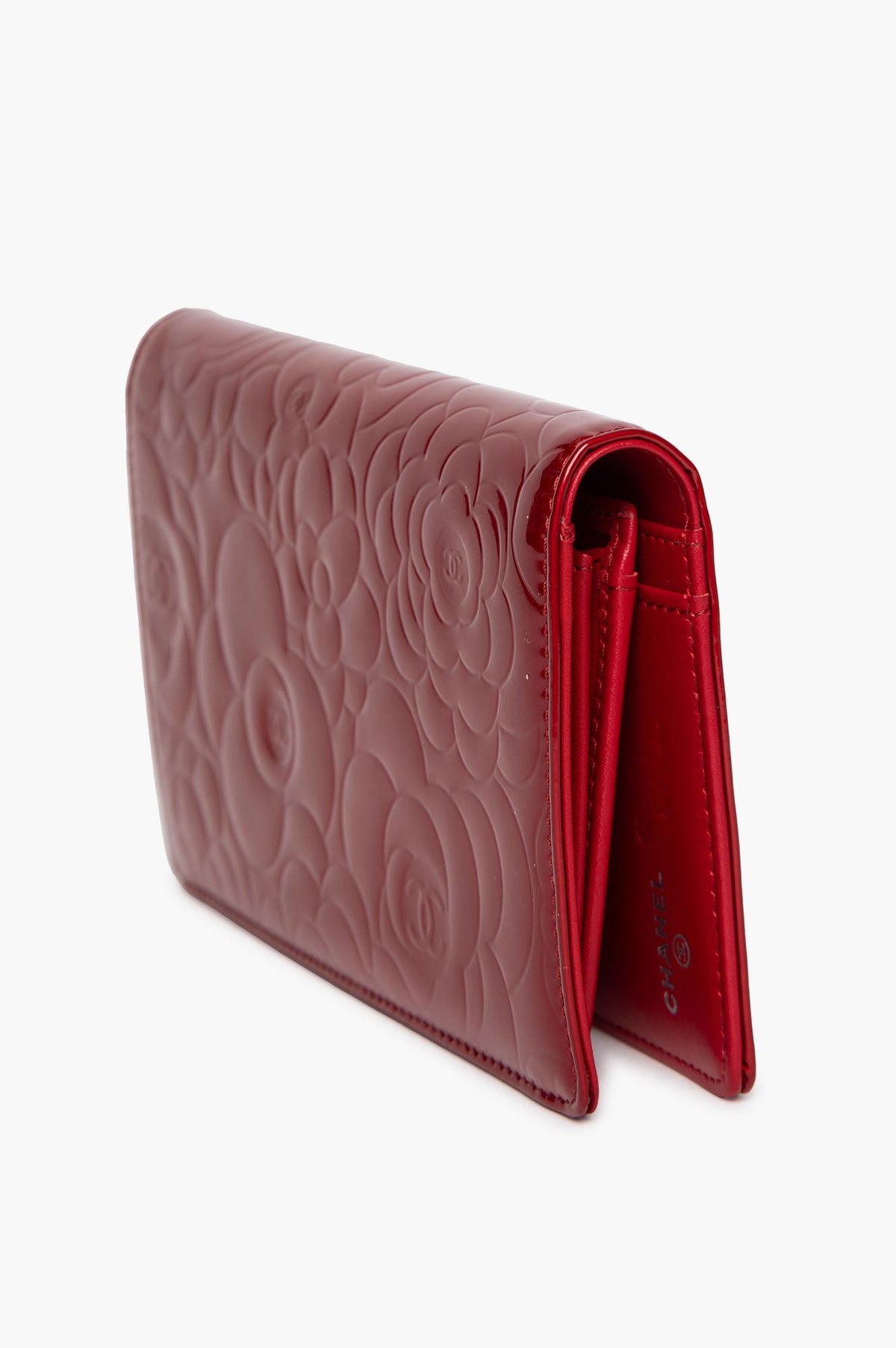 Chanel Red Patent Camellia Embossed Wallet