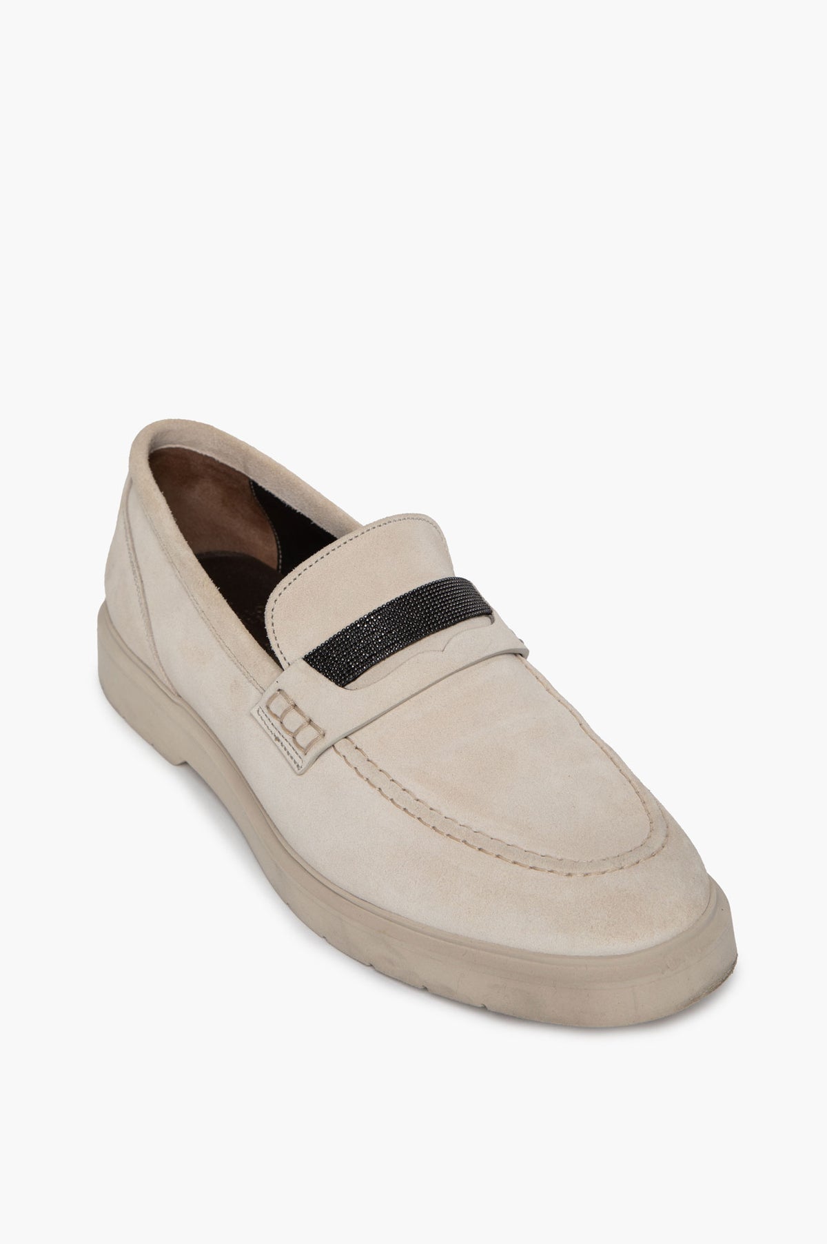 Brunello Cucinelli Ecru Suede Monili Embellished Penny Loafers Size 39